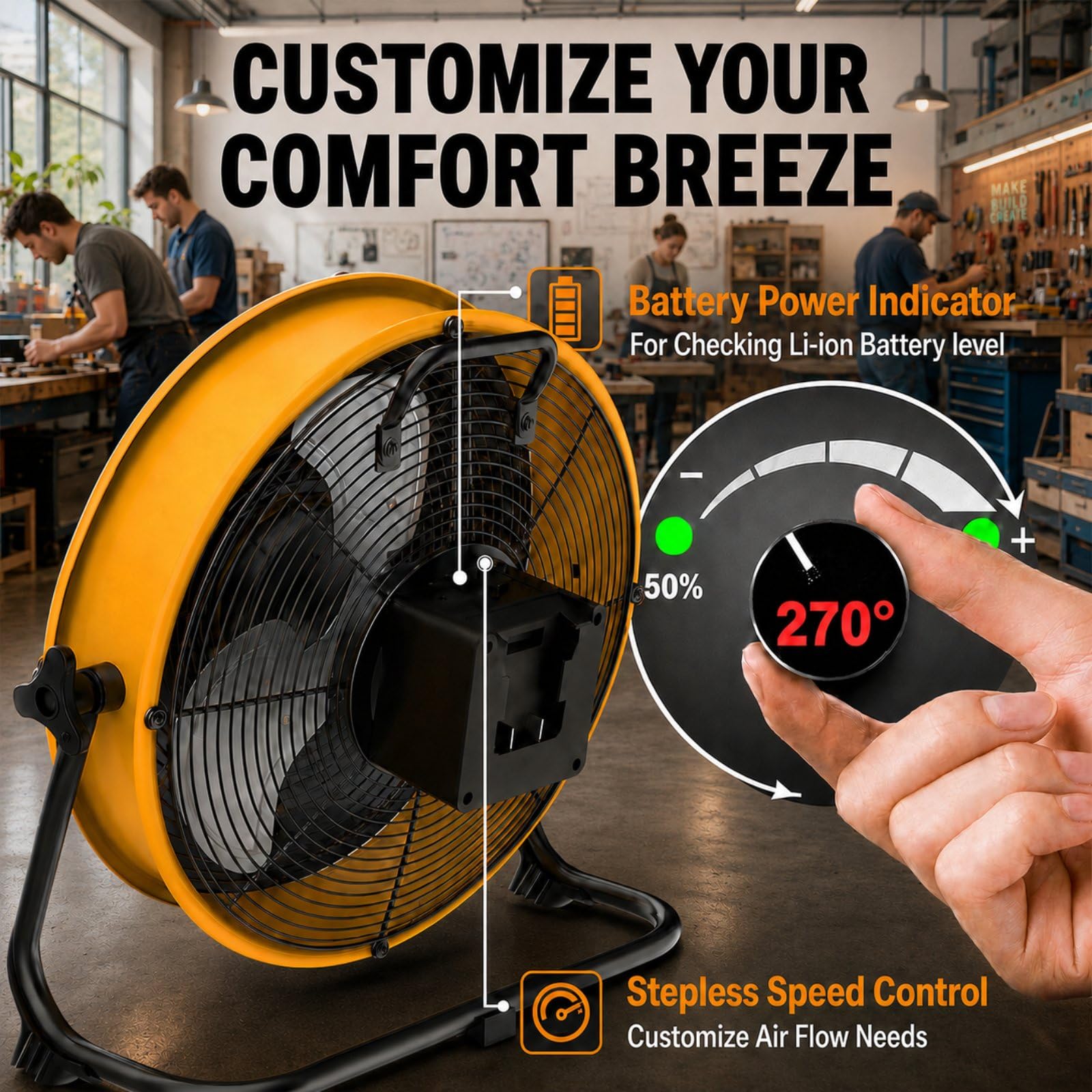 T-SUN Kabelloser Ventilator, 40,6 cm, kompatibel mit Dewalt 18 V/20 V Akku, USB-Bodenventilator, batteriebetrieben, Campingventilator mit LED-Licht, USB-Typ-C-Anschluss, stufenlose Geschwindigkeiten