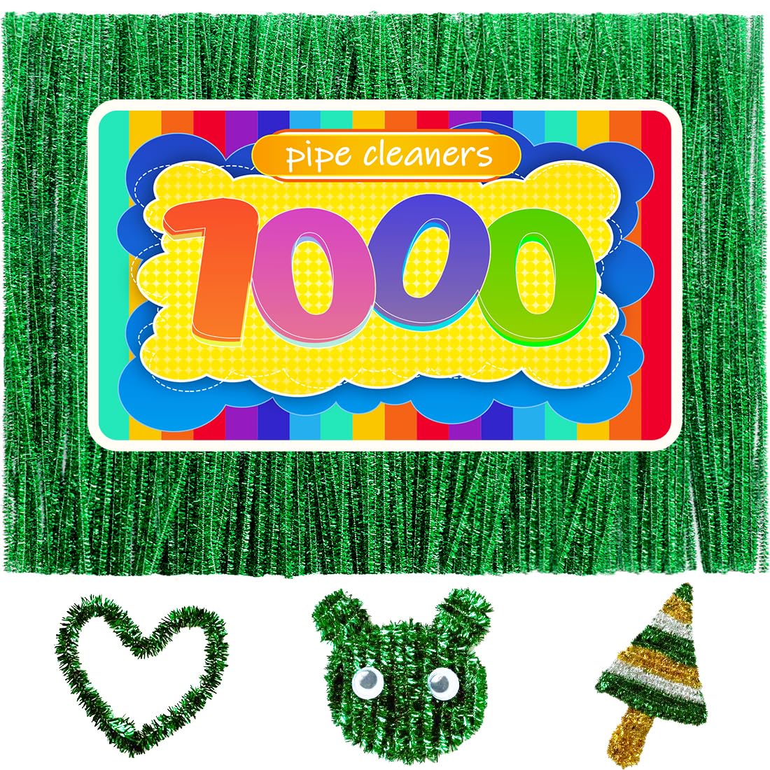 GAGANIU Lot de 1 000 cure-pipes pour travaux manuels, fournitures artisanales, tiges chenille multicolores pour projets d'art et d'artisanat de Noël (paillettes vertes)