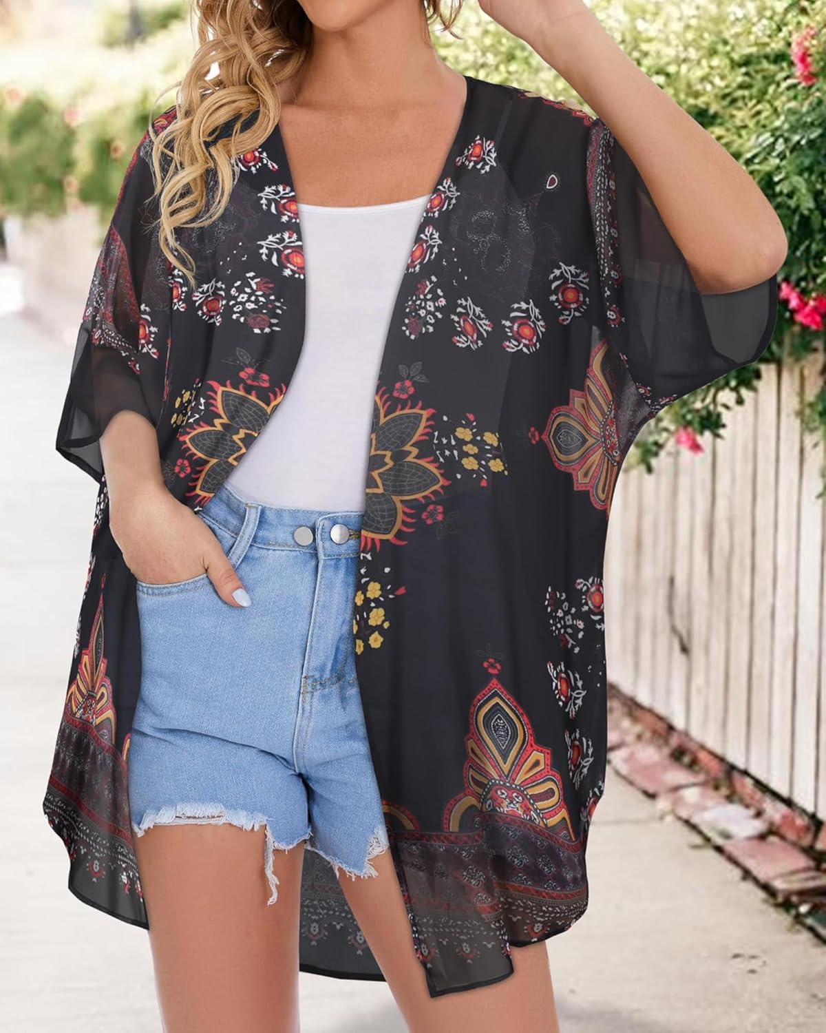 Women's Floral Print Puff Sleeve Kimono Cardigan Loose Cover Up Casual Blouse Tops - Image 4