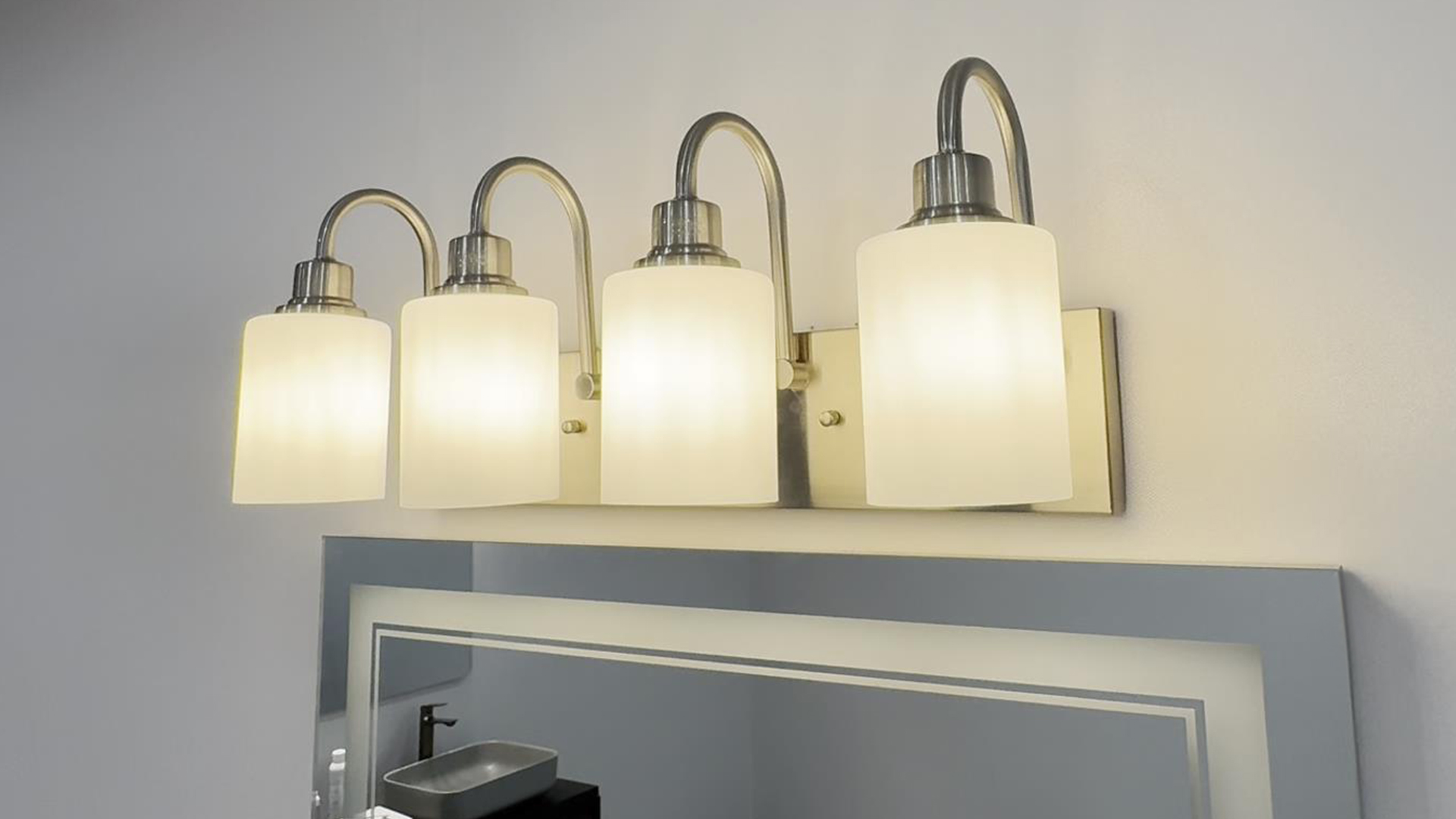 Image of 4 Light Vanity Light Fixture,Matte Black Wall Sconces Lighting with Opal White Glass Shade Metal Interior Bathroom Lights Over Mirror for Hallway Bedroom
