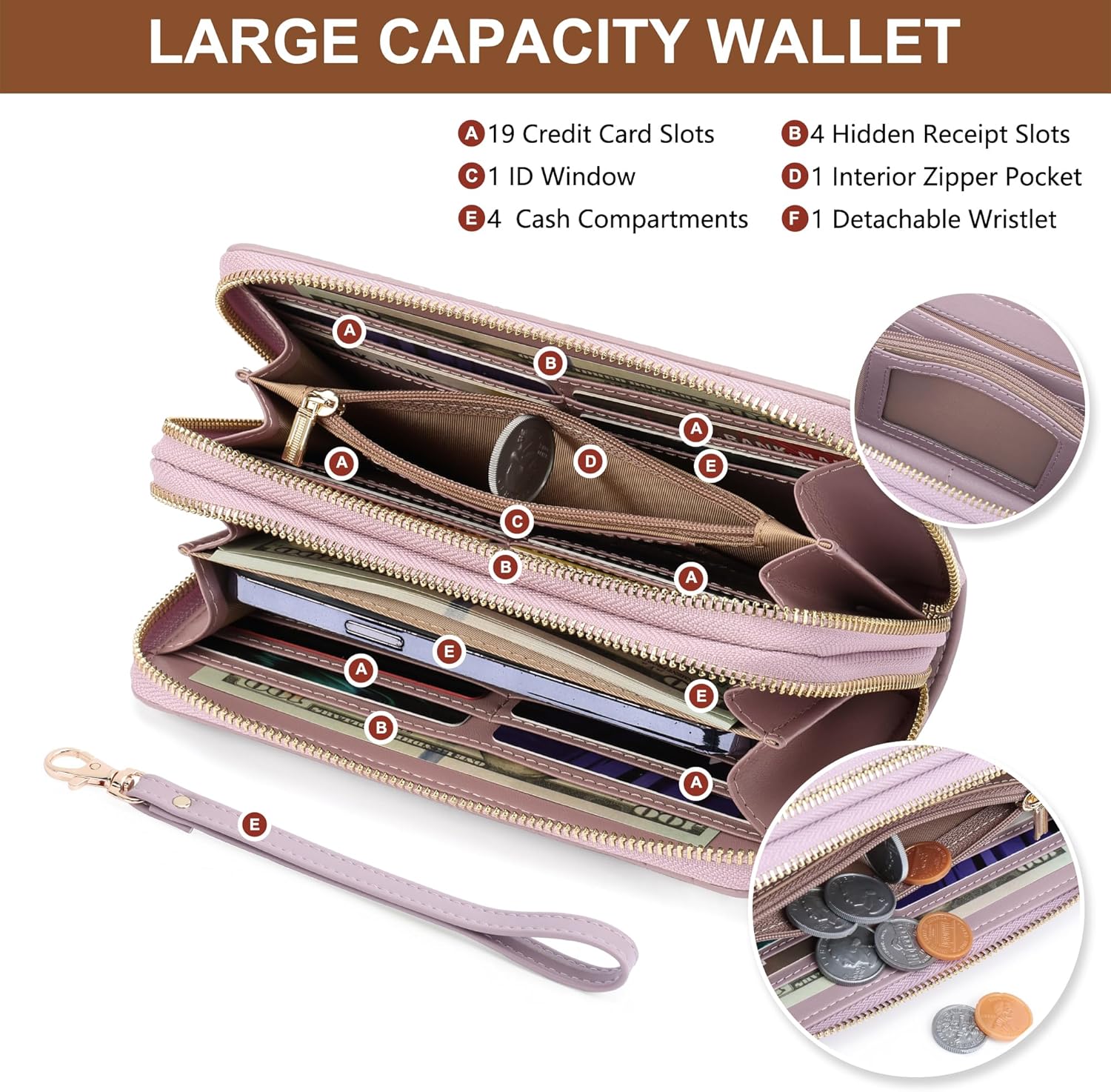 Womens Wallet RFID Blocking Large Capacity Leather Double Zip Wristlet Wallet Credit Card Phone Holder Ladies Clutch Purse Flora - Image 3