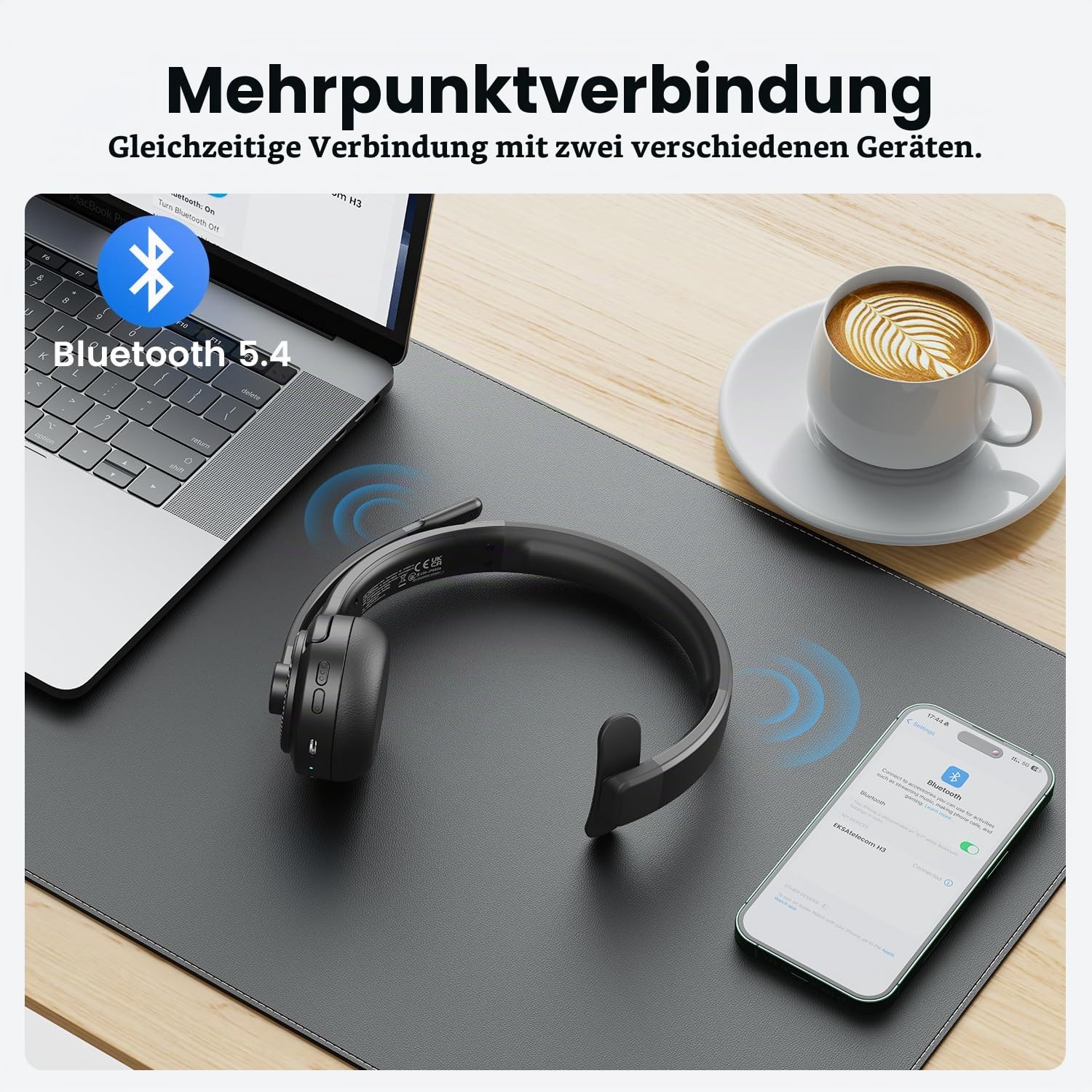 EKSA H3 Bluetooth Headset mit Mikrofon, [65 Stdn Wiedergabezeit & 30M Reichweite] Wireless Headset Mono PC Headset mit Mic Rauschunterdrückung, Upgraded 5.4 Bluetooth Kabellose Headset für Büro/Office