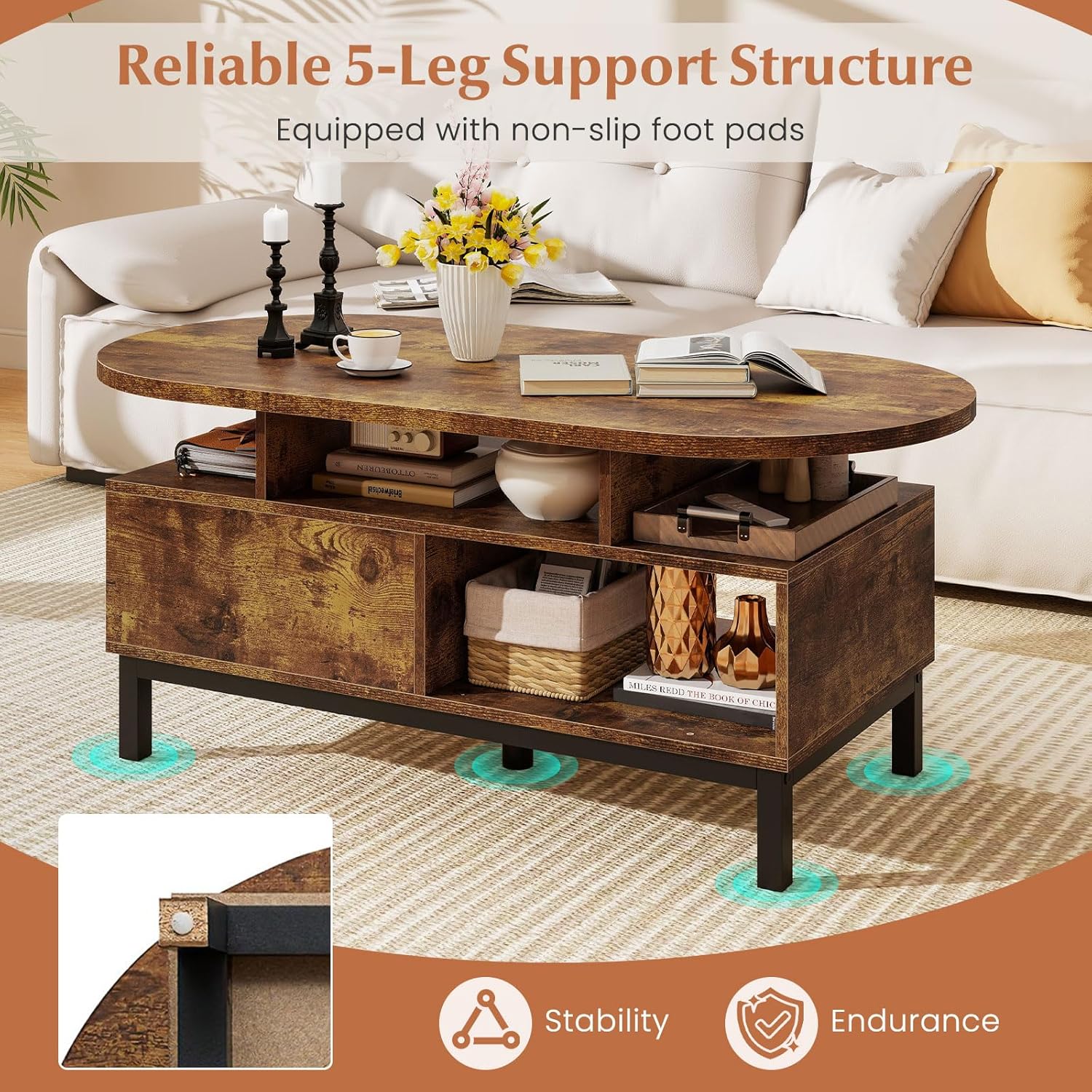 Giantex 47" Oval Coffee Table, Cocktail Accent Center Table with Storage Compartments & Drawer, Wood Small Coffee Table with 5 Support Legs, Mid Century Modern Living Room Tables, Rustic Brown
