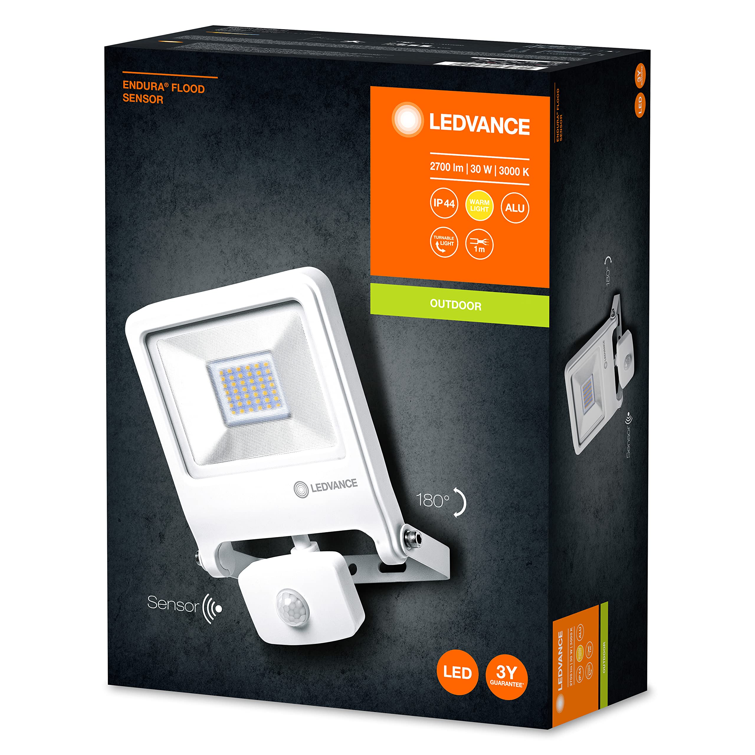 Ledvance Proiettore Da Esterno Con Sensore Luce Calda 3000 K, Bianco Caldo, 30 Watt