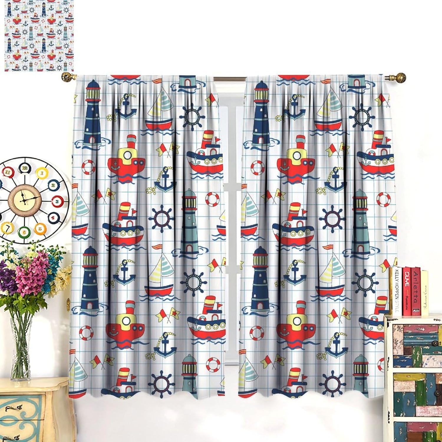 Nautical Theme Blackout Curtains for Children Cartoon Ocean Theme Retro Sailing Boat Blue Background Living Room Curtains Kitchen Bedroom Blackout Curtains 63x63 Inches 2 Panels