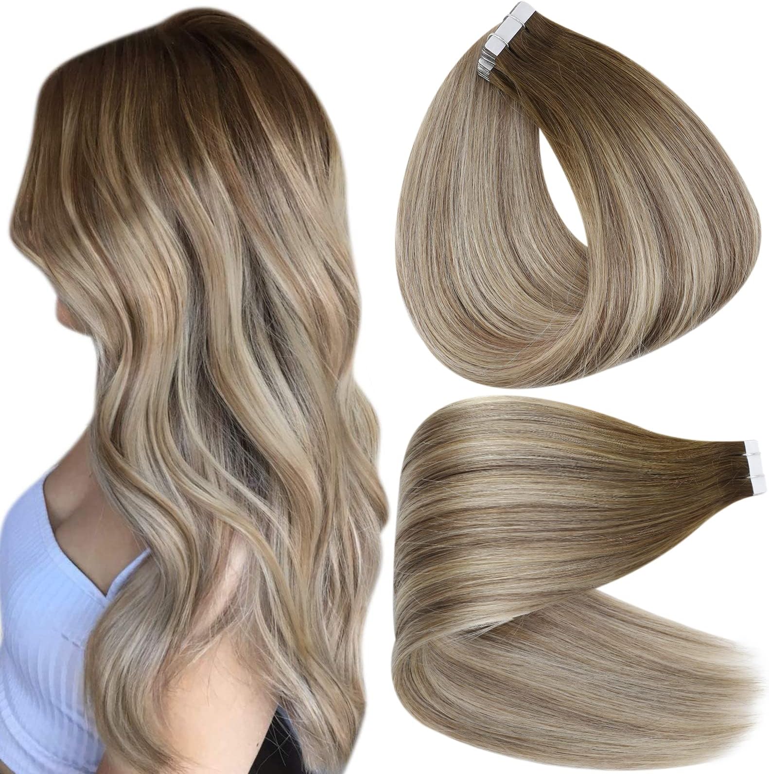 Full Shine Balayage Tape in Hair Extensions 24Inch Tape in Extensions 3/8/22 Brown to Ash Brown Mix Light Blonde Human Hair Double Sided Tapes ins 20Pcs 50G Straight Seamless Skin Weft Add lengthCarbonfree Certified