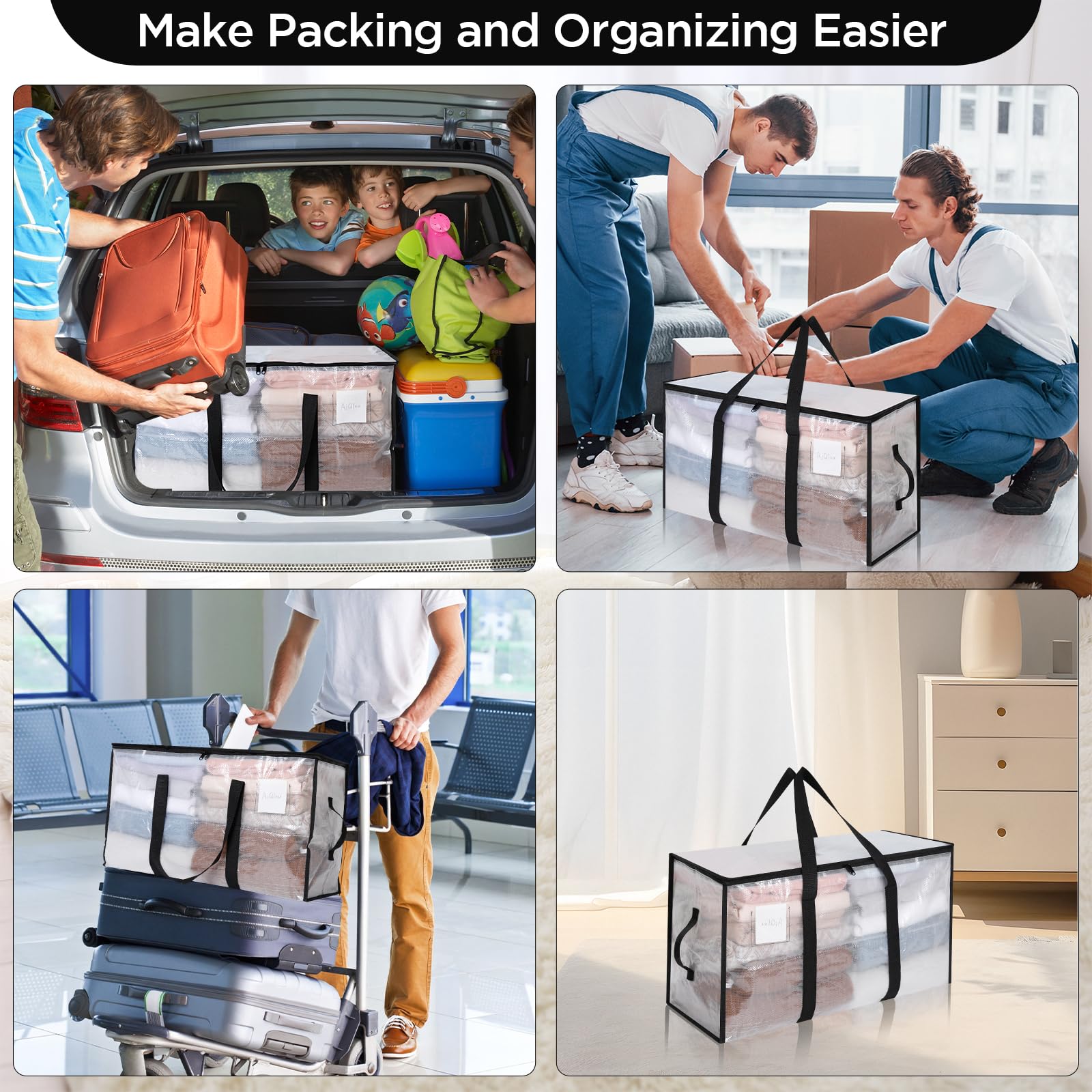 Cozary 94L Borsa Portaoggetti Grande, 4 Pezzi Impermeabile Borse Trasloco per Vestiti con Cerniera e Maniglia, Pieghevole Scatole Armadio per Vestiti, Piumoni,Trapunte, Trasparente