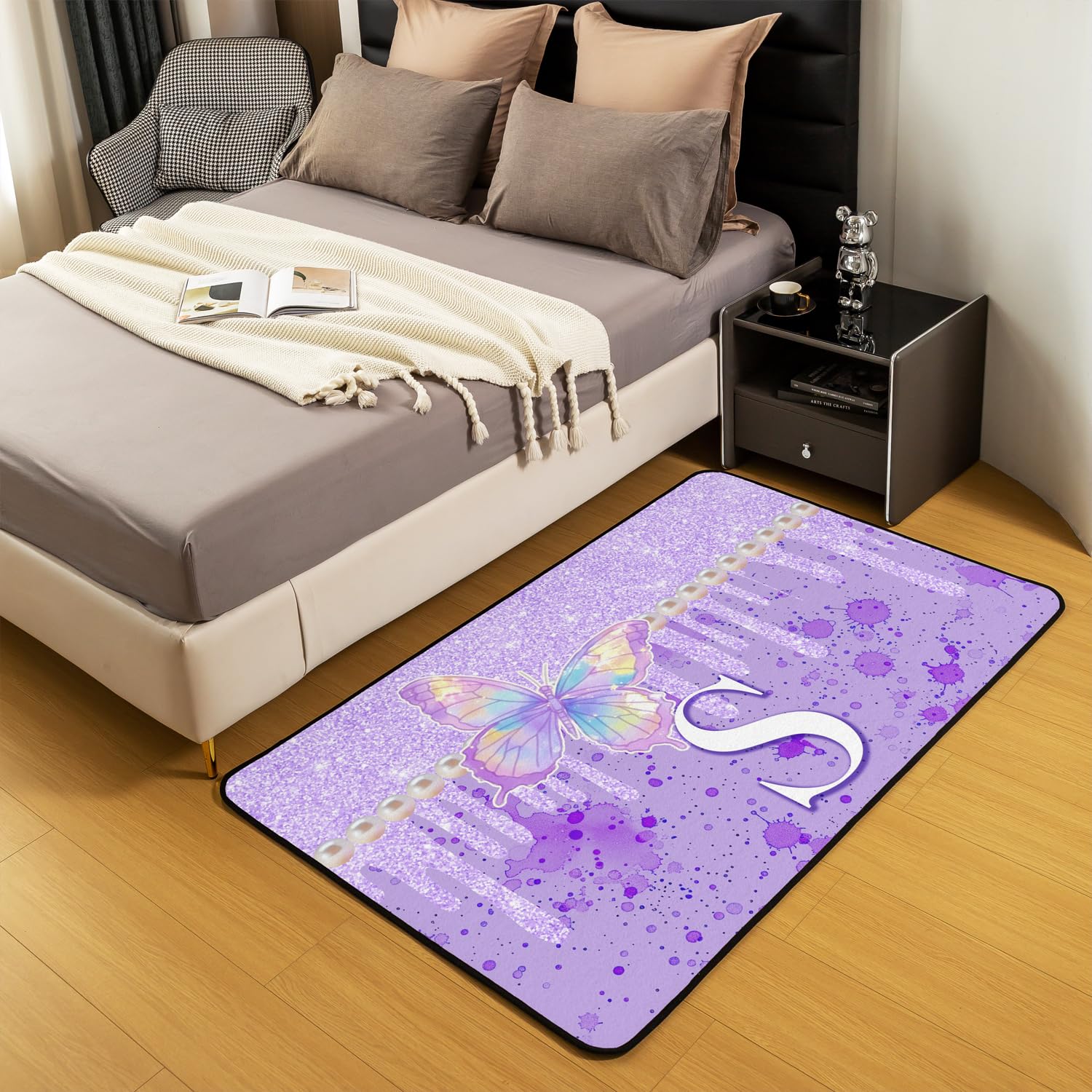 Alphabet Lettre S Tapis Exterieur Violet Papillon Tapis Salon 100x150cm pour Garçons Filles Glitter Imprimer Graffti Chambre Décor
