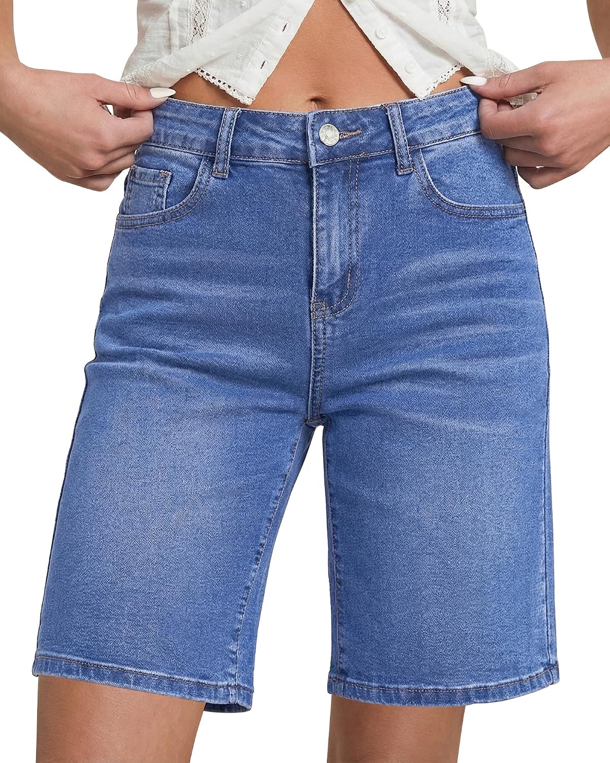 LookbookStore Bermuda Shorts for Women High Waisted Classic Casual Long Jean Shorts Stretchy Denim Jorts with Pockets