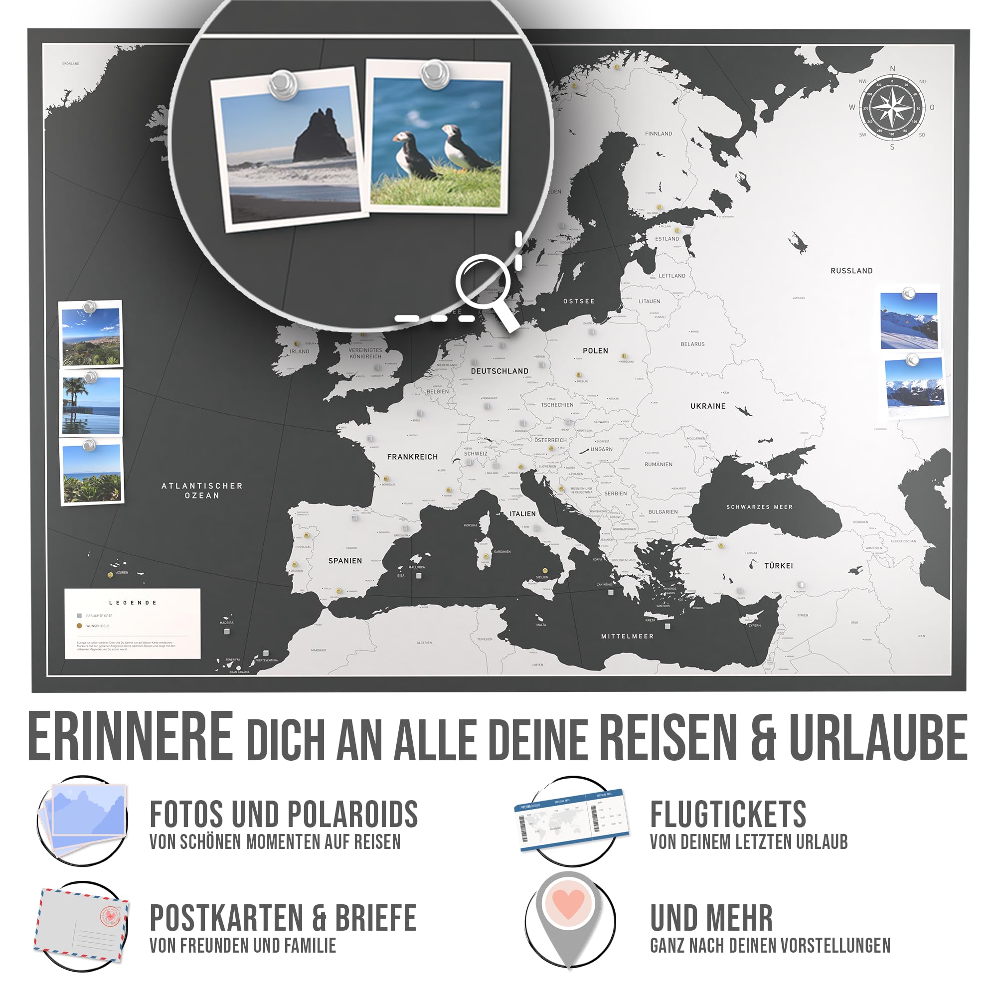 Magnetische Pinnwand Europakarte inkl. 2 x 15 magnetische Pins I Markiere Deine Reiseziele I Sammel Fotos und Magnete I Magnet Poster (XL (84x59cm))