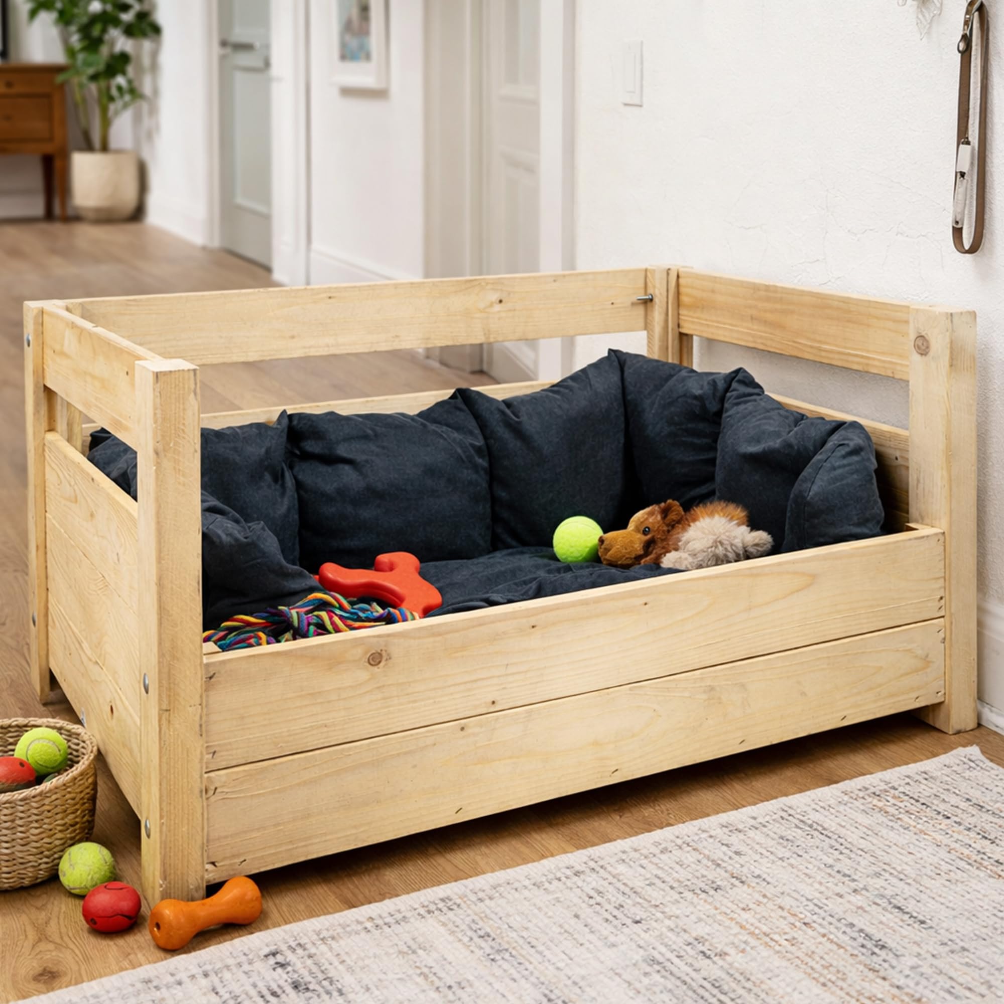 Kistenkolli Altes Land Hundebett Charly aus Massivholz 90 x 57 x 45 cm – Hundesofa aus Holz – Natur, Braun oder Geflammt – Optional mit Hundekissen – Stabil & einfache Selbstmontage (Natur)
