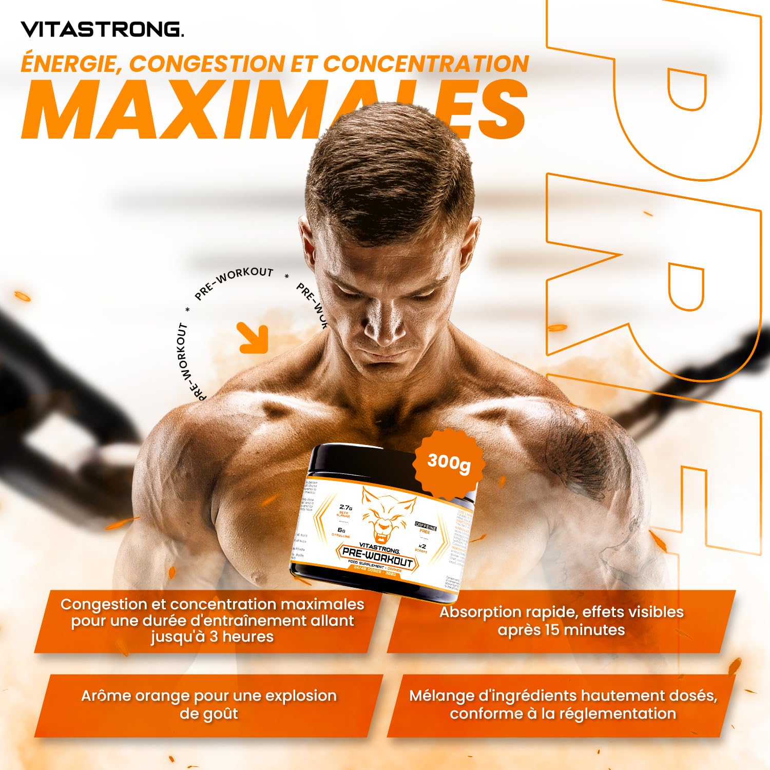 Pre Workout Sans Cafeine 300g Vegan, Goût Orange, 24 Portions, Vitastrong | Preworkout Booster Puissant, Vitamine B12, L Citrulline, Beta Alanine, enXtra Galanga, Taurine, AstraGin