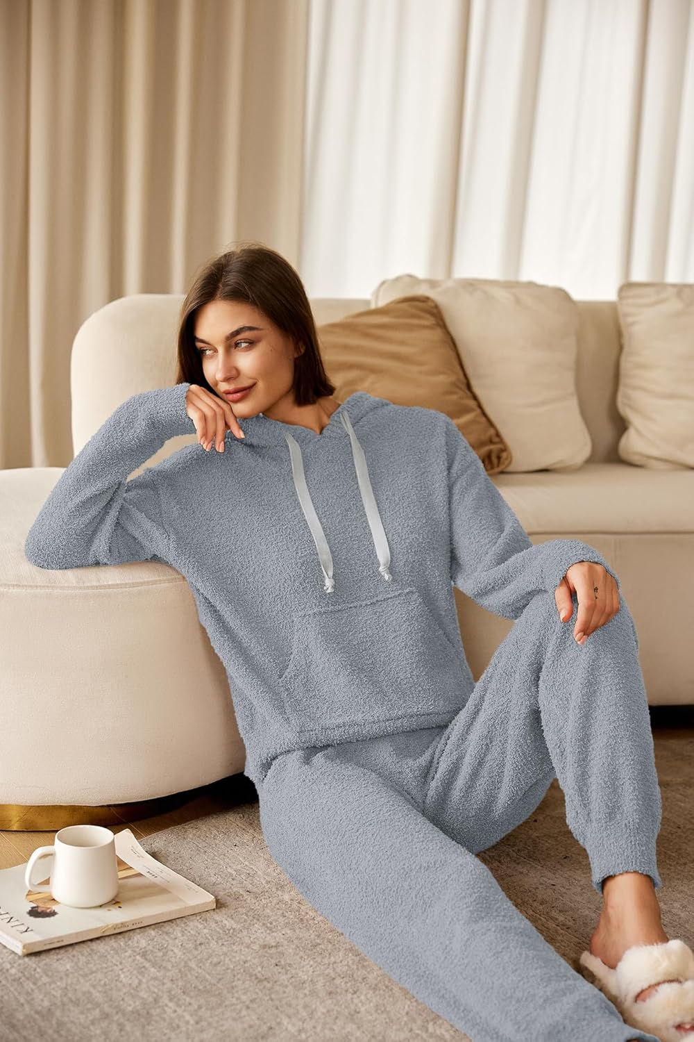 Panadila Womens Fuzzy Lounge Set 2 Piece Outifts Oversized Fleece Pajama Set Long Sleeve Hoodie and Joggers with Pockets - Image 6