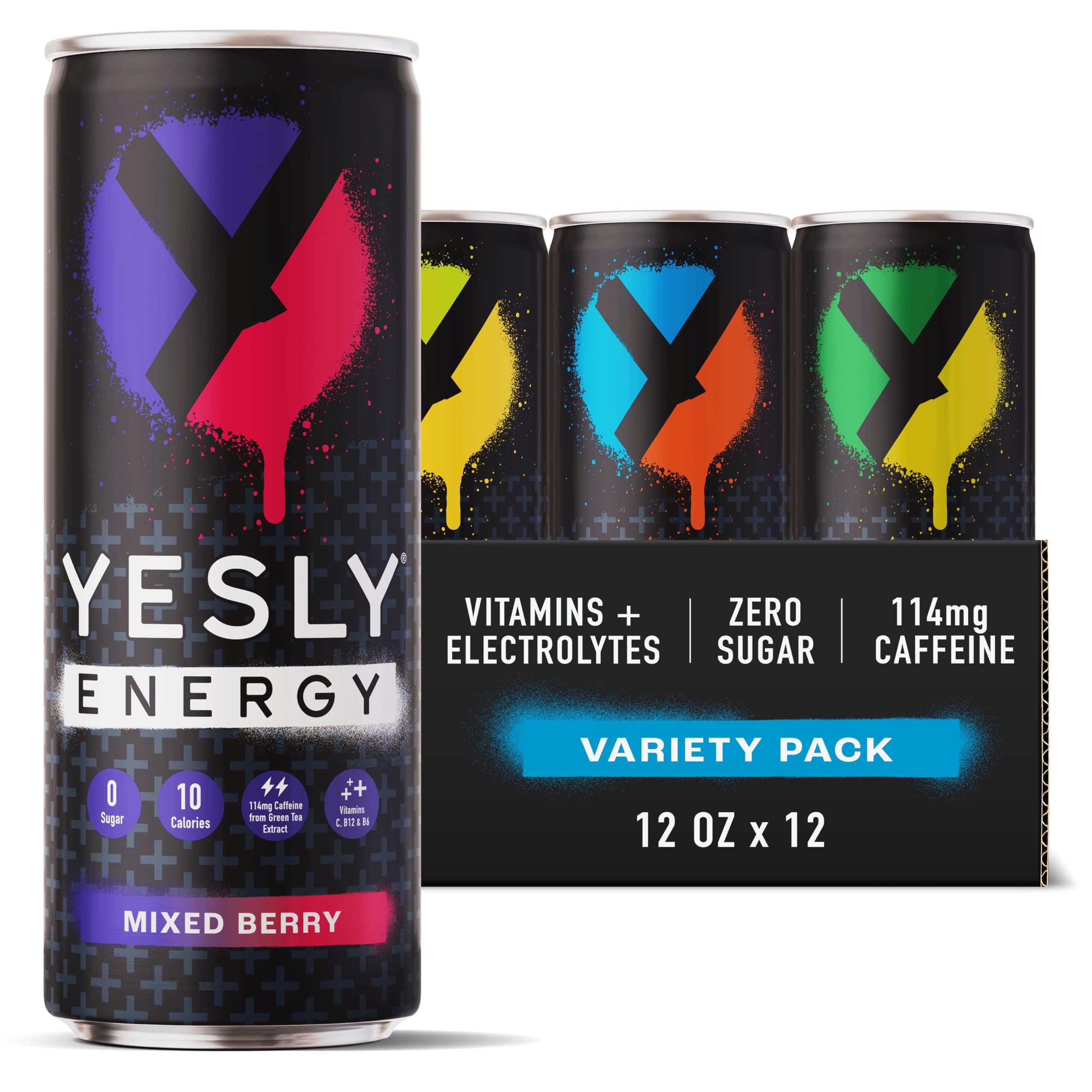 Energy Drink, Variety Pack, Naturally Flavored Sparkling Energy Drink With Electrolytes, Magnesium, Potassium, Vitamin C, B6 & B12, Natural Caffeine From Green Tea, 12 Fl Oz Cans, 12 Pack