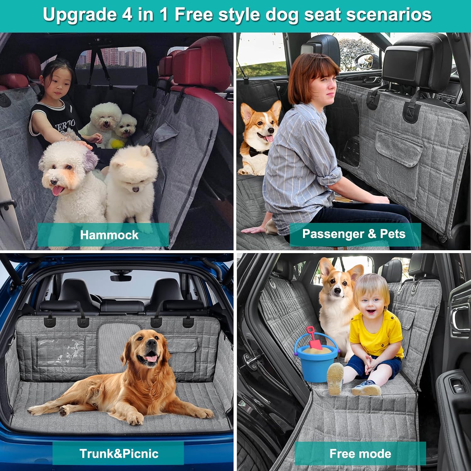 MILA&LOUIS Dog Car Seat Cover for Back Seat, Waterproof Back Seat Pet Cover for Dogs, Dog Hammock for Car with Mesh Window and Storage Pocket, Dog Car Seat Covers with Pet Safety Buckle for Cars SUV