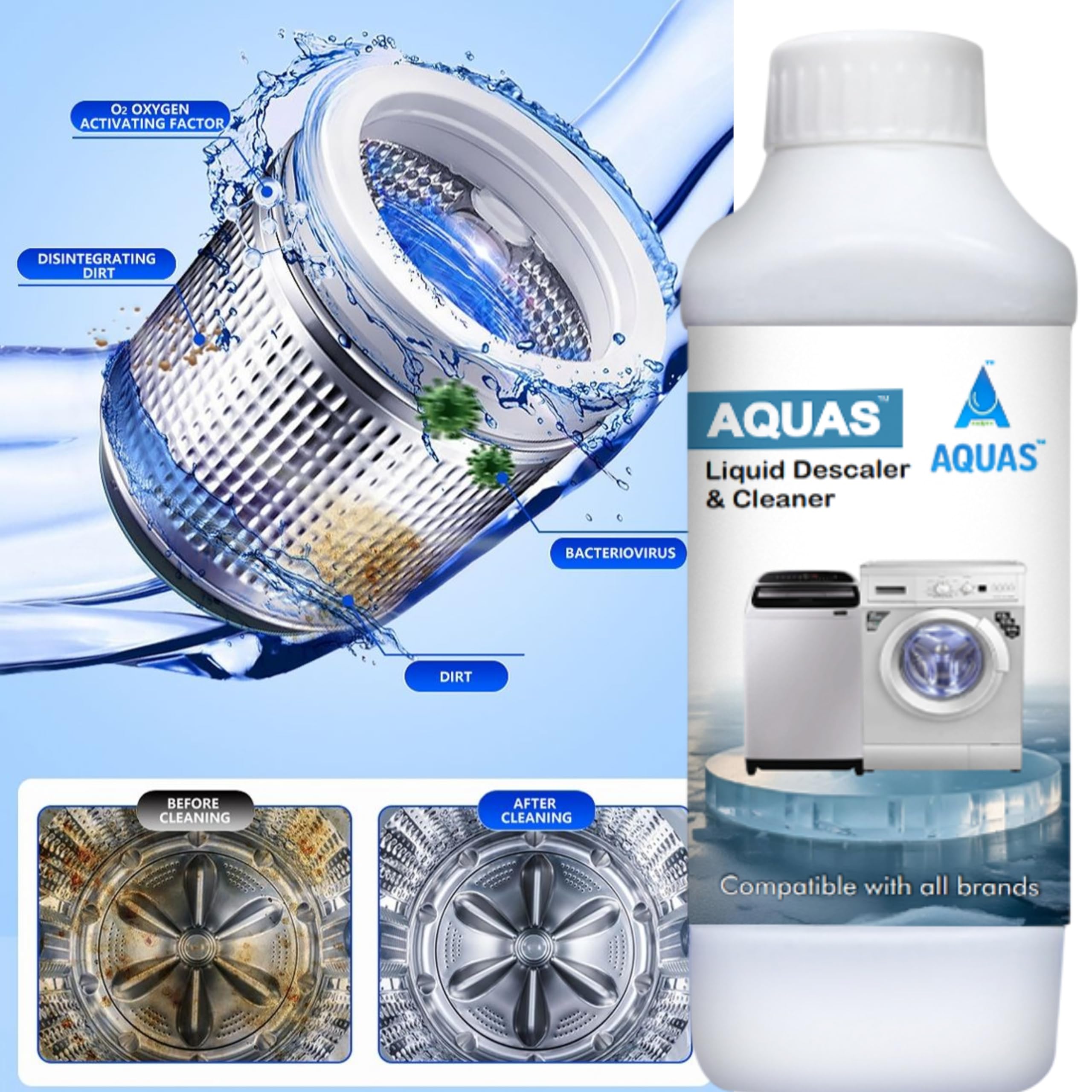 AQUAS β’ Liquid Descaler | Original | Top Load Front Load Washing machine Cleaner Liquid | Best Descaler & Drum Cleaner | Removes Limescale 400ml (1) 1