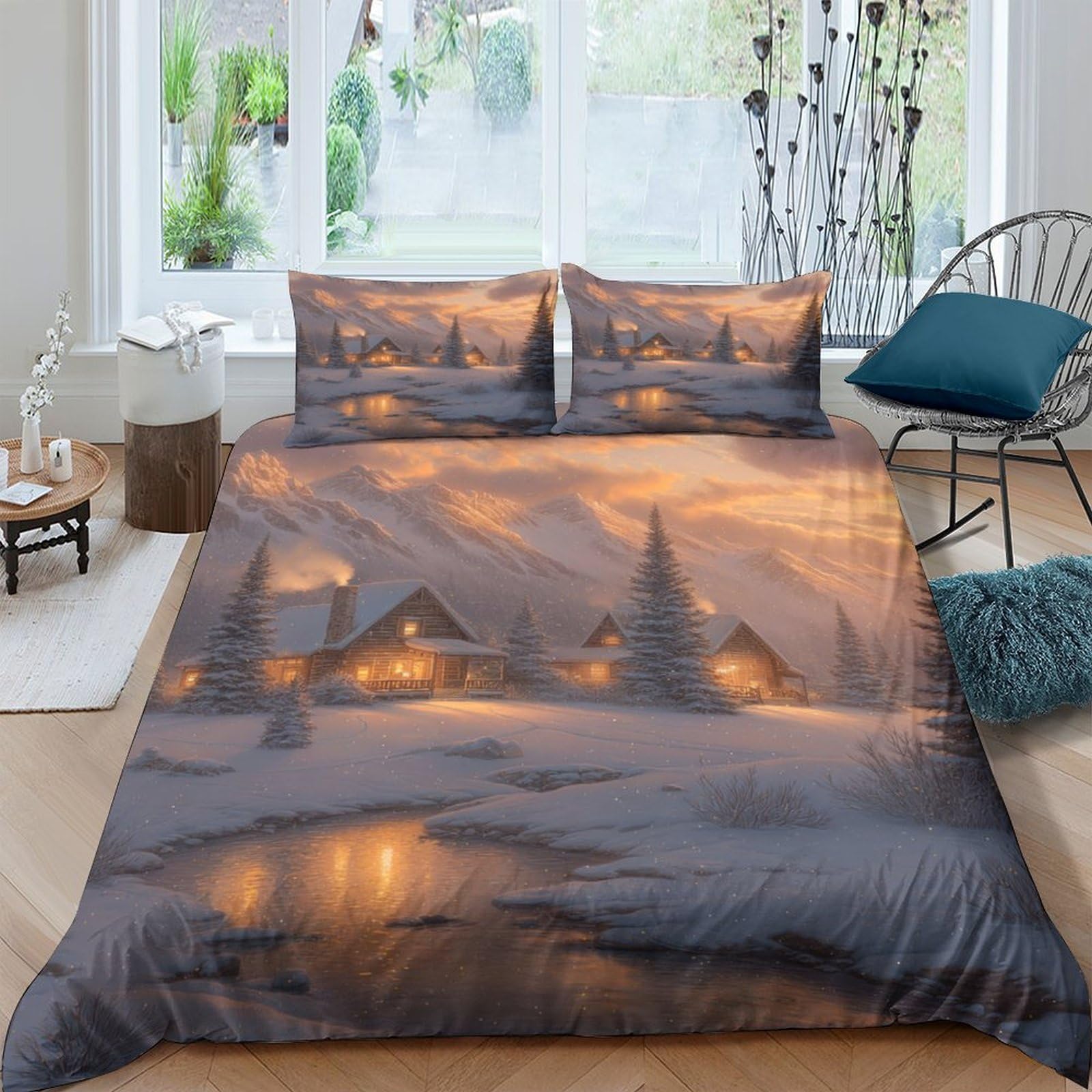 Ctjqhvkz Style-5 3D Printed Winter Cabin Fitted Sheet Microfiber Soft Breathable Snow Village Mattress Cover For Bedroom Decor Single（135X200cm）