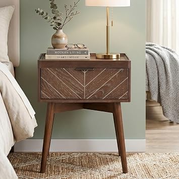 Loki Solid Wood Nightstand with Chevron Drawer, Walnut