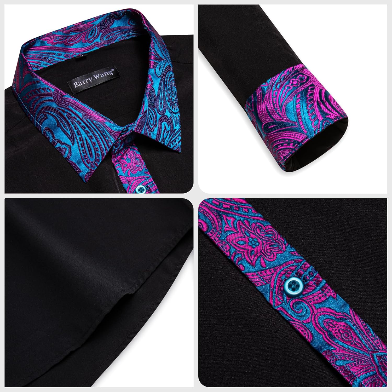 Barry.Wang Mens Business Shirts Long Sleeve Button Down Formal Shirt Collar Cuff Contrast Casual Dress Shirt Party Disco - Image 6