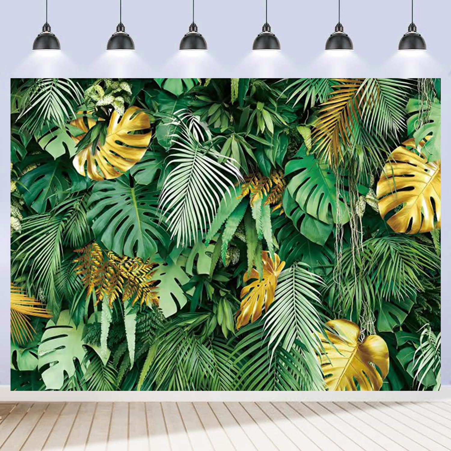 Photo 1 of Tropical Palm Leaves Backdrop 10x8ft Jungle Safari Gold Plants Photography Background Summer Green and Golden Leaf Hawaiian Luau Party Banner for Baby Shower Birthday Decorations Fabric Polyester