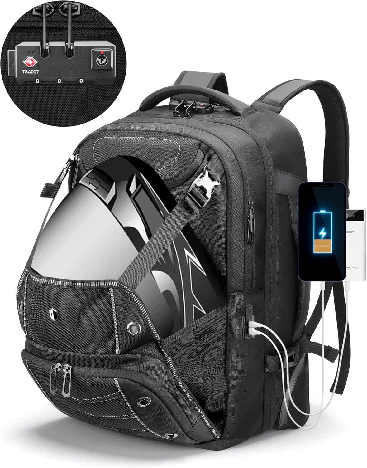 Large Travel Laptop Backpack,55L Rolling Baseball Backpack with Wheels,Catchers Gear Bag with Shoe Compartment, TSA Lock, USB & Type-C Wheeled Backpack for Travel Work Sports,Black - Image 9