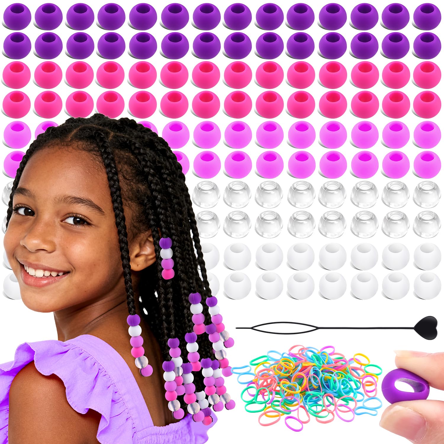 View 1 of 160Pcs 14mm Large Silicone Hair Beads for Braids, Soft Jellyish Hair Beads with 7mm Hole + 50 Rubber Bands and 1 Beader for Braiding, DIY Bracelets Necklaces Crafts (Purple)