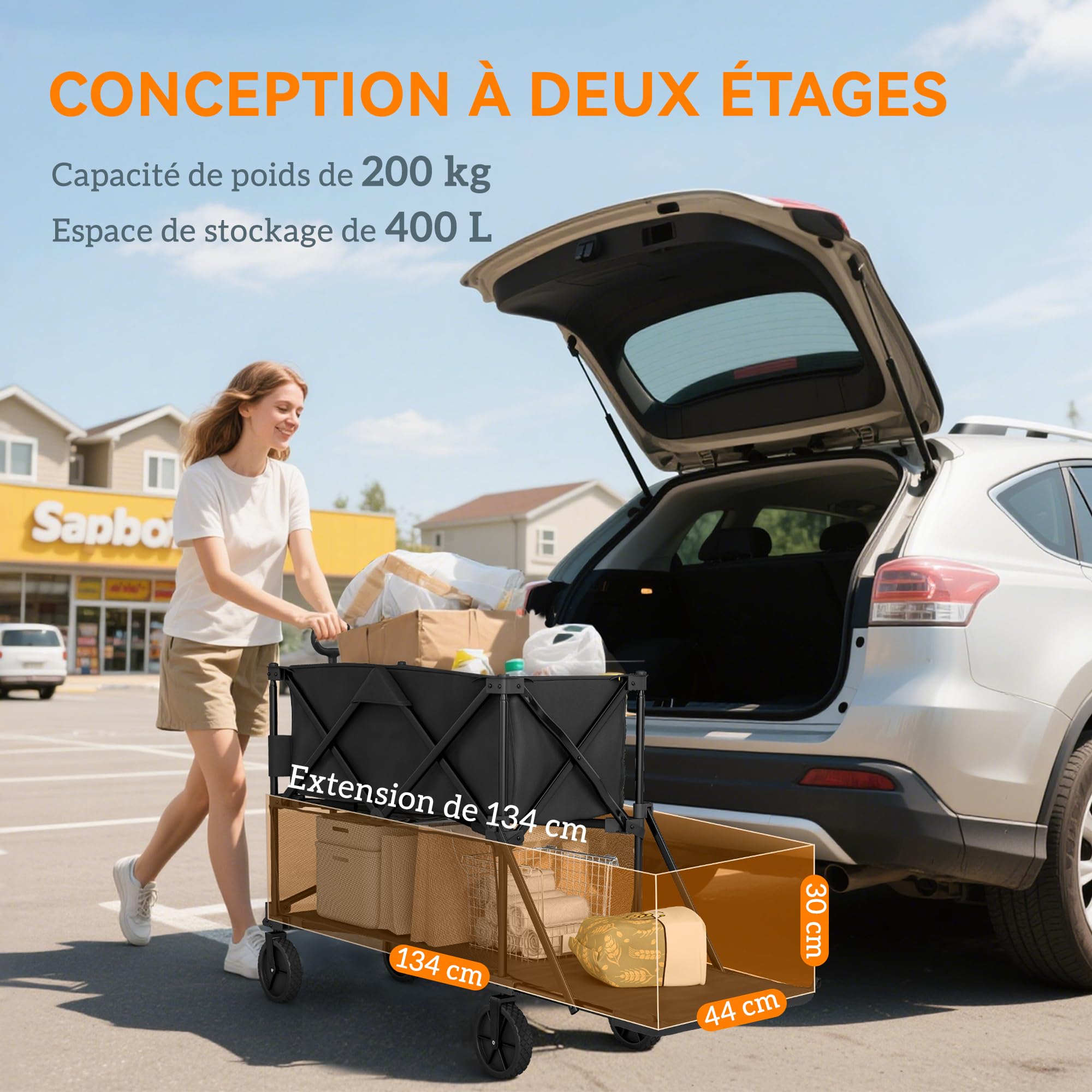 Outsunny Chariot de Transport Pliable 350L à Deux étages, Charge Max 200 kg