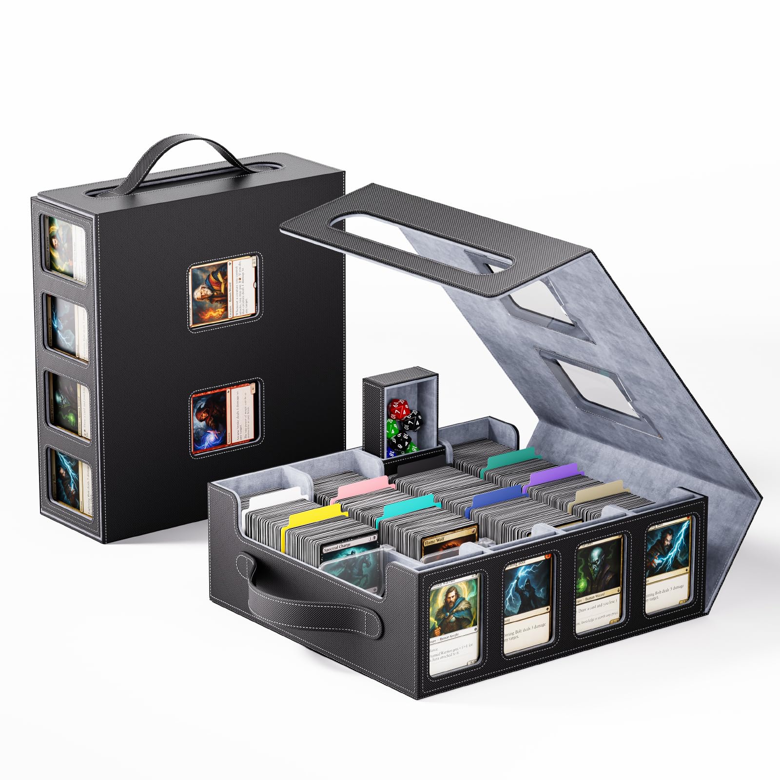Trading Card Storage Box – 3500+ Magnetic MTG Deck Box with Handle,Commander & Toploader Display, Dice Box,4 Dividers & 30 Color Labels – Fits for TCG,MTG,Yu-Gi-Oh and Sport cards