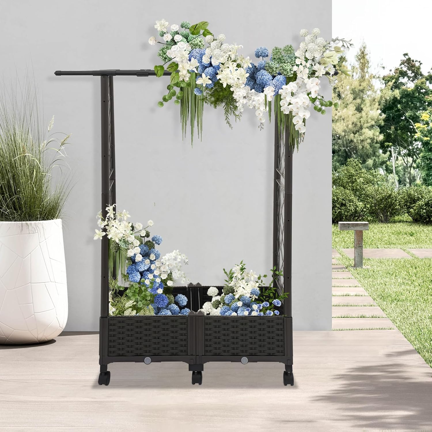 Mobile Elevated Garden Bed with 6 Wheels, PP Material Tall Rolling Planter Box for Outdoor, Large Grid Pattern Plant Box for Patio Balcony Deck Easy Assembly