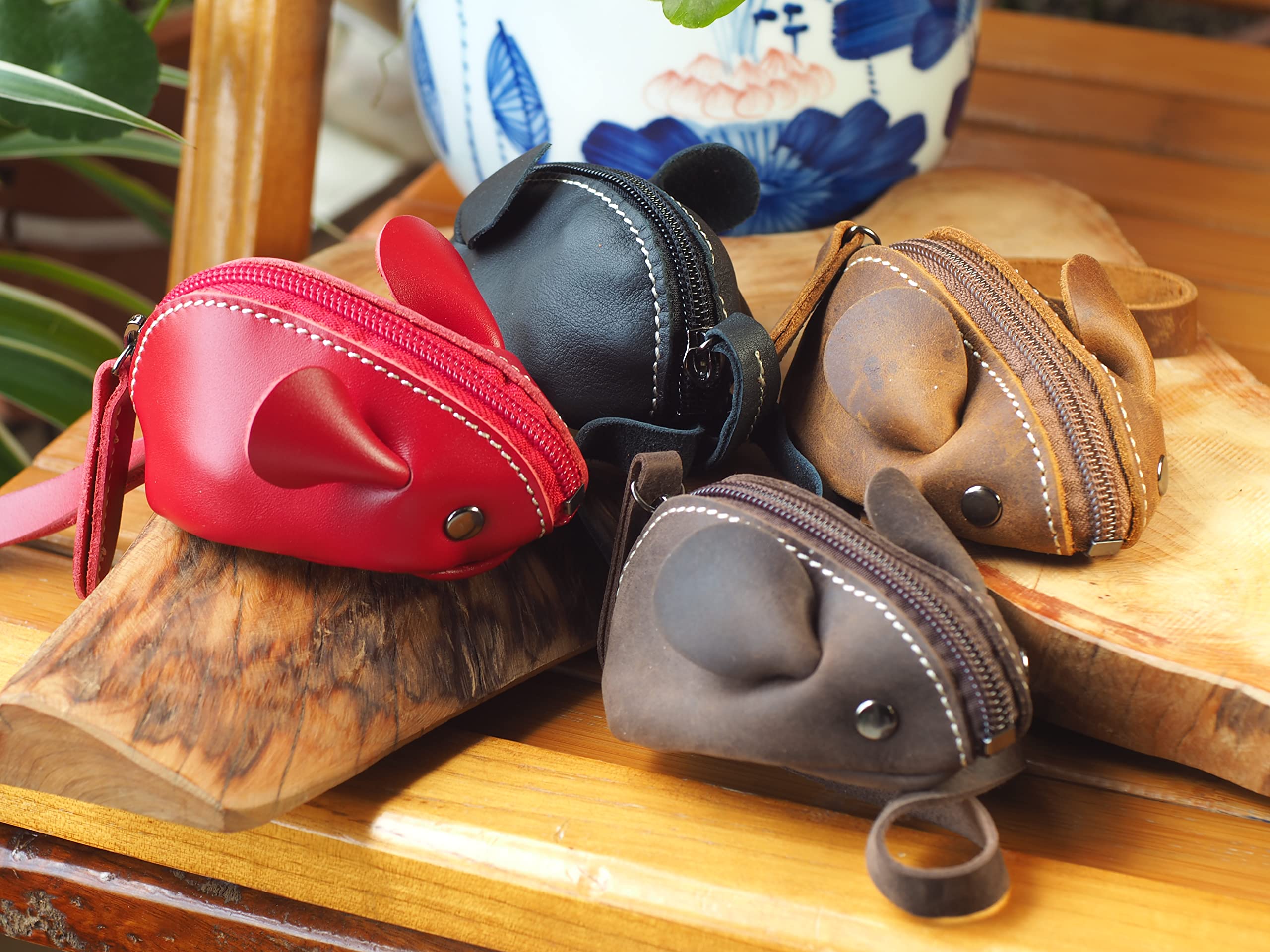 Kleingeldbörse Maus Shape aus Leder - Schlüsseltasche Münzbörse Münzbeutel Coin Purse klein Geldbörse Geldbeutel Kleingeldportemonnaie (Hellbraun)