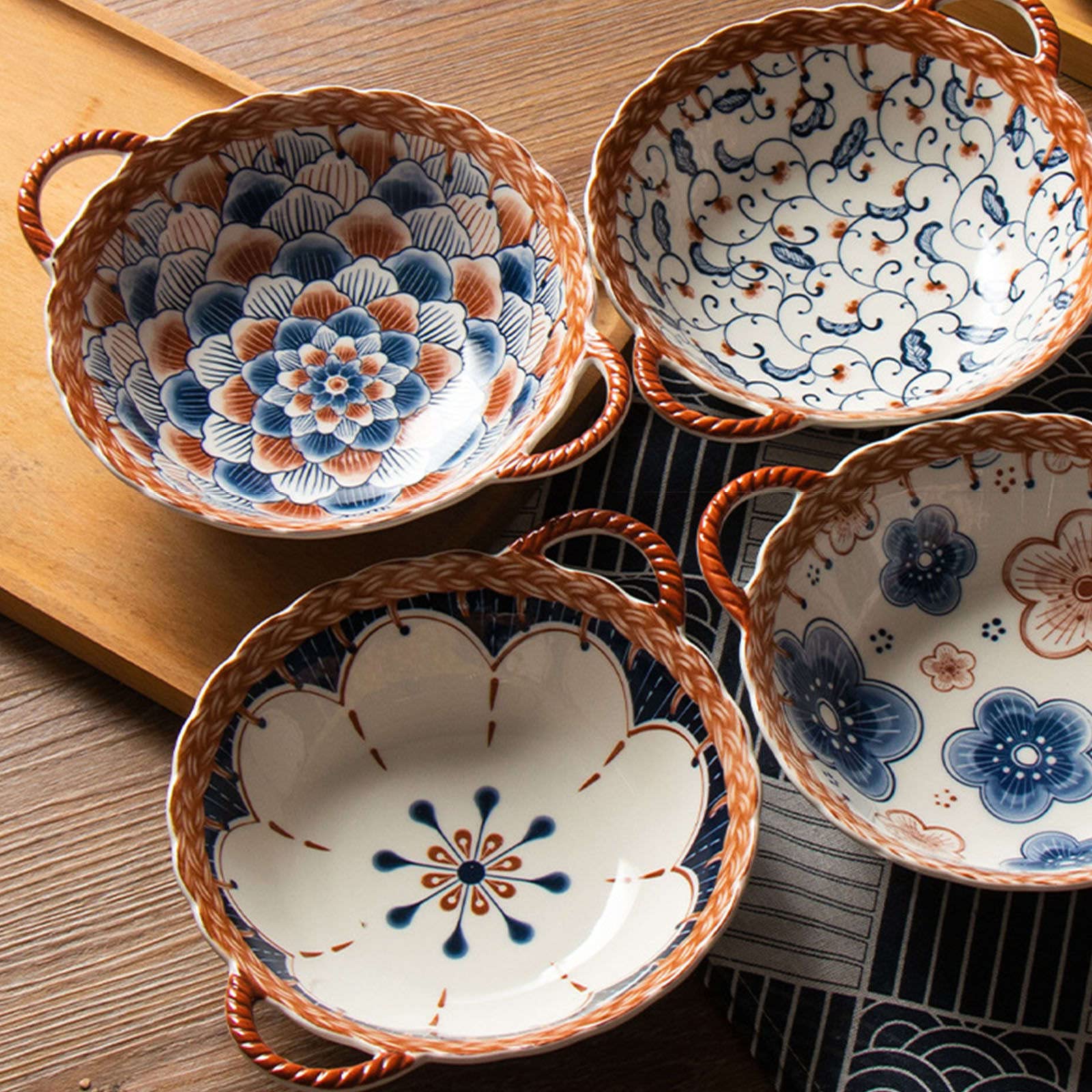 Ramenkom, ontbijtkom, granenkommen, currykommen, grote keramische Ramen-kom met handvat, diepe uiensoepkom Ovenbestendig, Magnetronbestendige serveerschaal.-Boho-23x19x6cm, 650ml (kleur: blauwe en wit