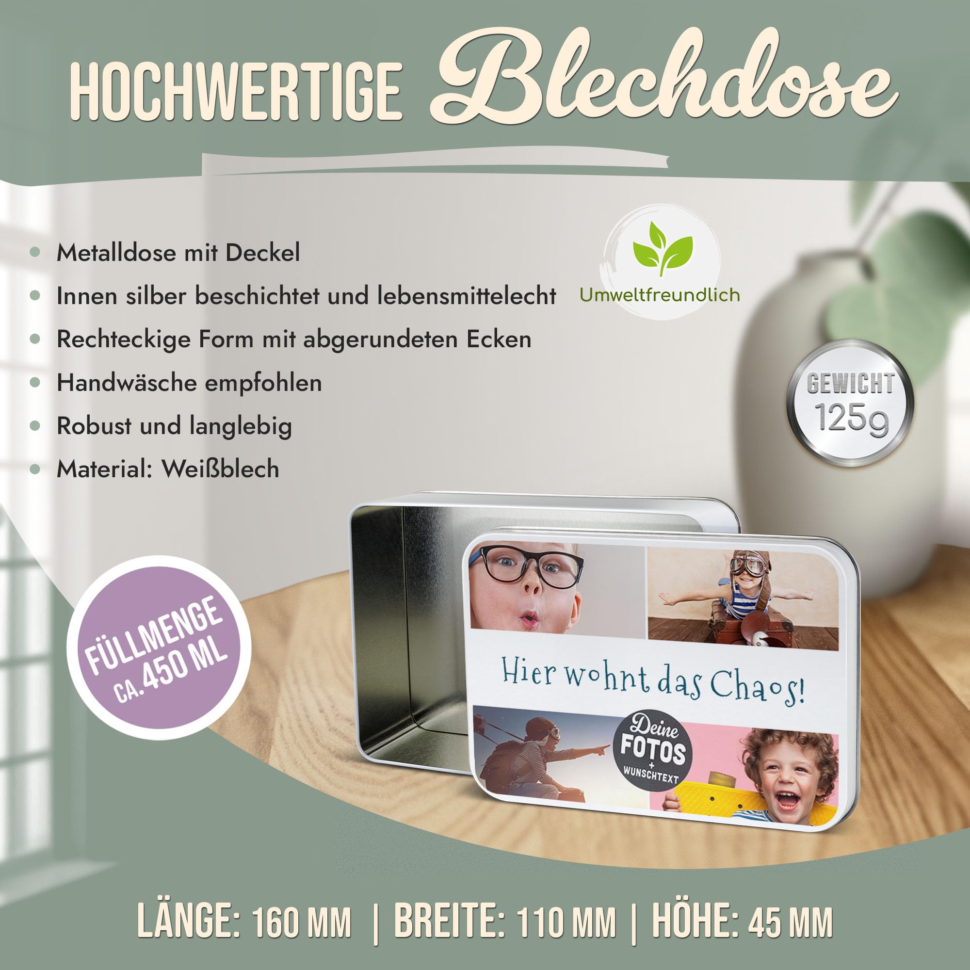 Print Royal PR Geschenkdose selbst gestalten mit 4 Fotos & Text - Blechdose bedrucken, Personalisierte Keksdose - Muttertagsgeschenk, Geburtstag, Weihnachten | Rechteckig weiß, 450 ml