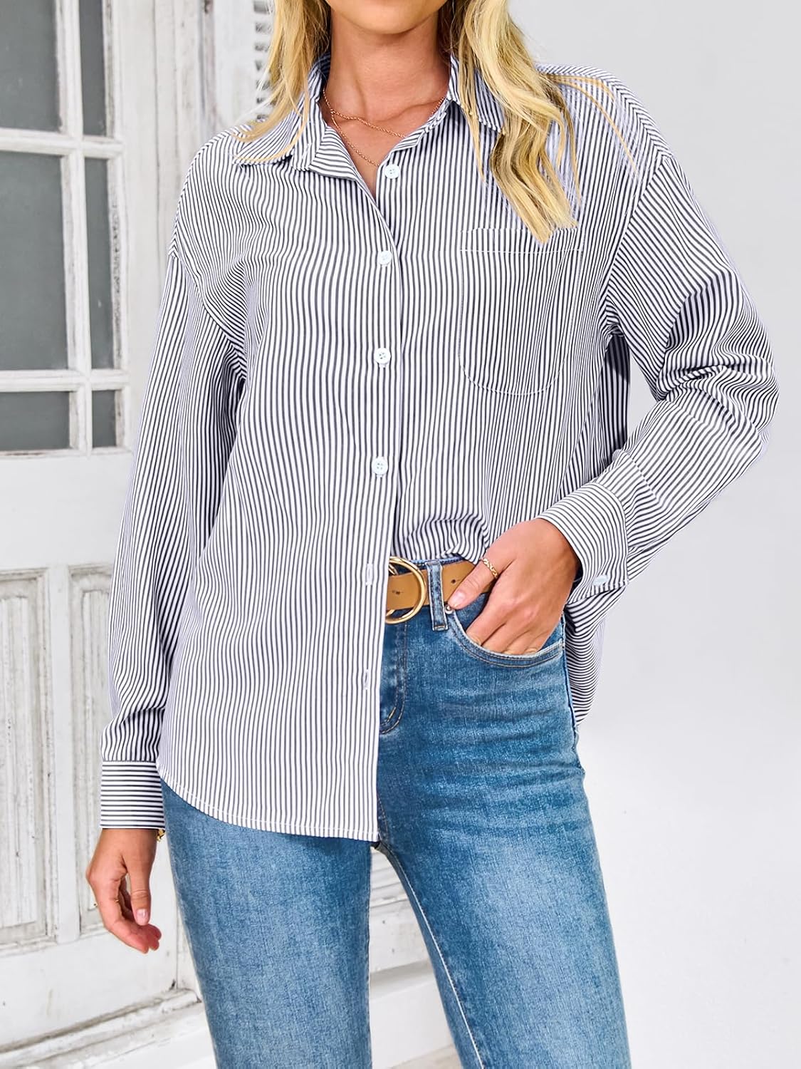 PRETTYGARDEN Womens Button Down Shirts Striped Long Sleeve Casual Collared Office Business Work Blouses Tops Spring Clothes - Image 3