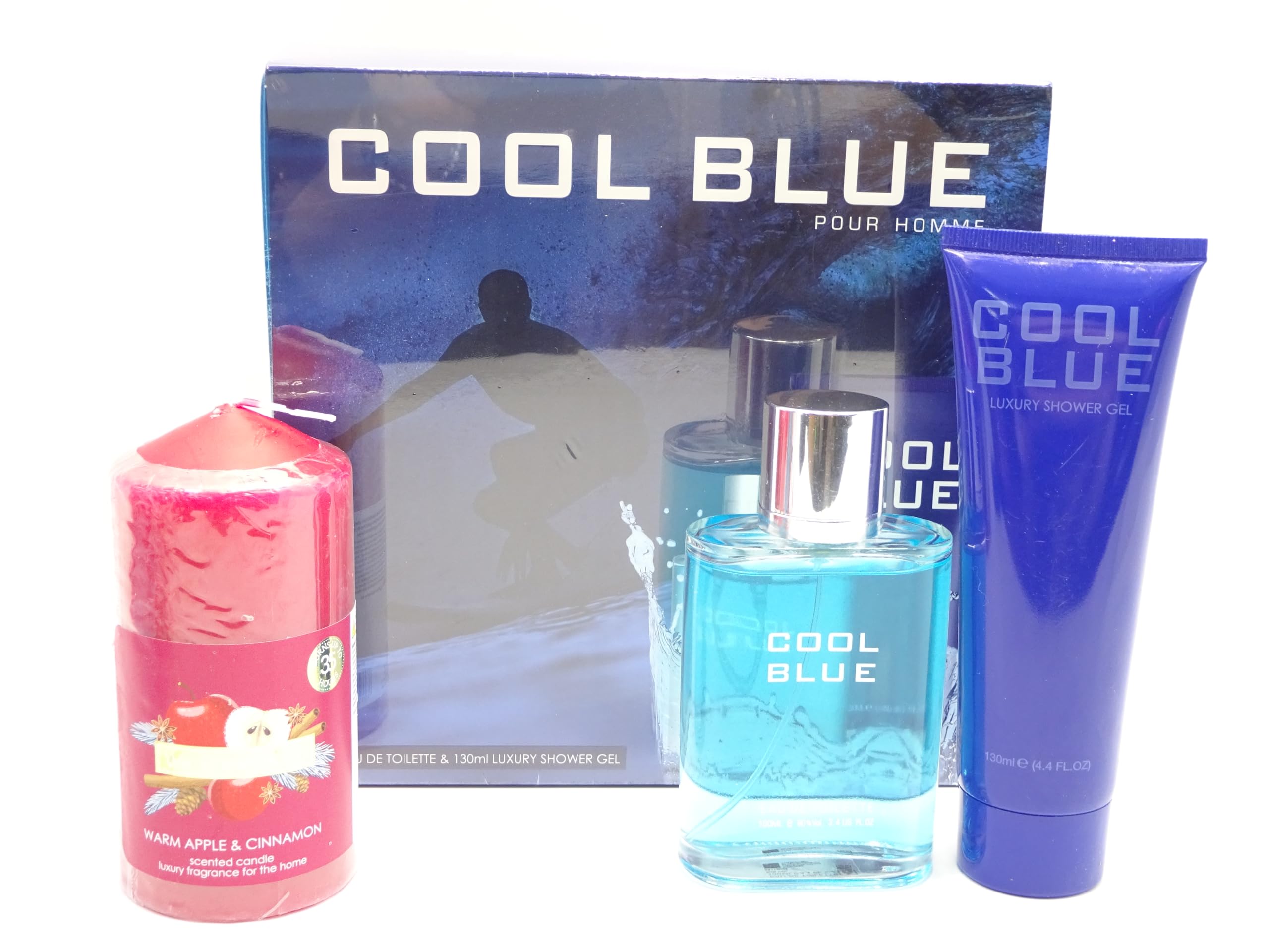 Coffret cadeau de luxe pour lui, 2 pièces de parfum Cool Blue 100 ml Eau de toilette et 130 ml de gel douche de luxe, bougies parfumées, panier cadeau emballé