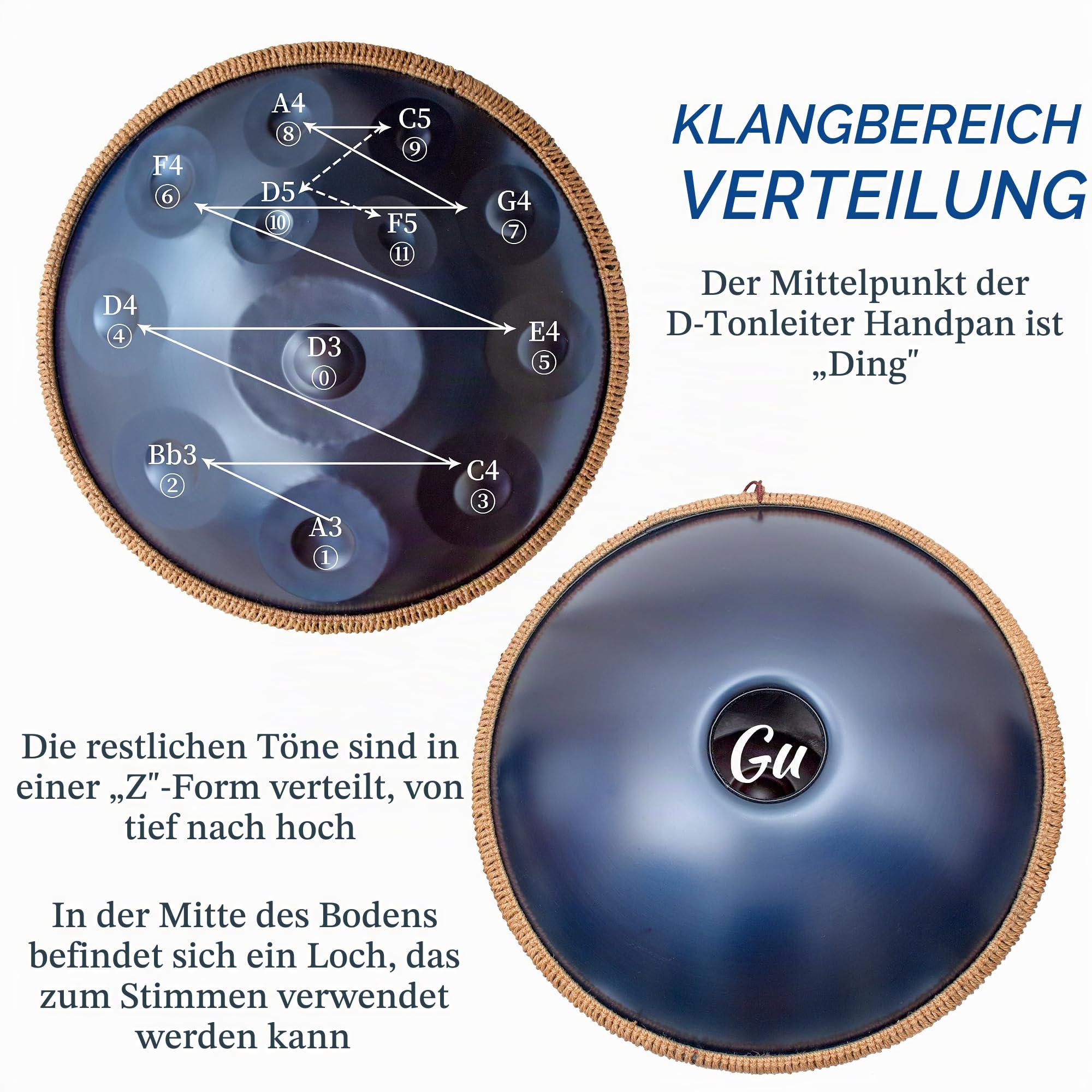 Handpan Drum, 12 Töne D-Moll 432HZ 22 Zoll Steeldrum, Blau