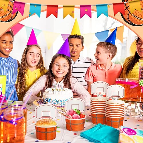Miniatura 4 de Sunnyray 48 juegos de tazas de baloncesto con tarjetas, suministros de fiesta de baloncesto, tazas de baloncesto desechables de 8 onzas, cuencos de