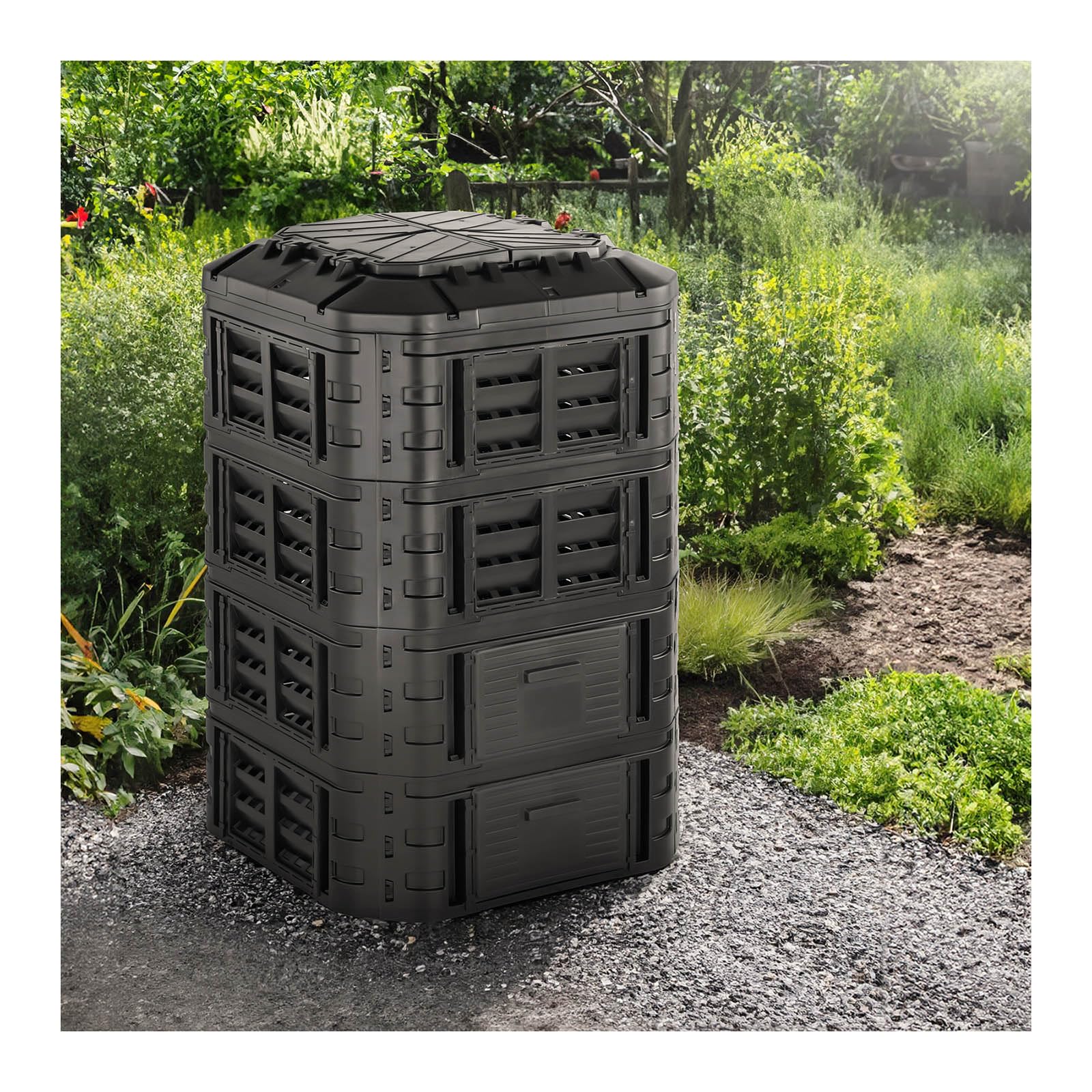 HT-M-COMP-1120 kompostownik ogrodowy, 1120 l, nawadnianie kropelkowe, wentylacja, szybki kompostownik z tworzywa sztucznego, pojemnik na kompost, polipropylen, pojemnik na kompost