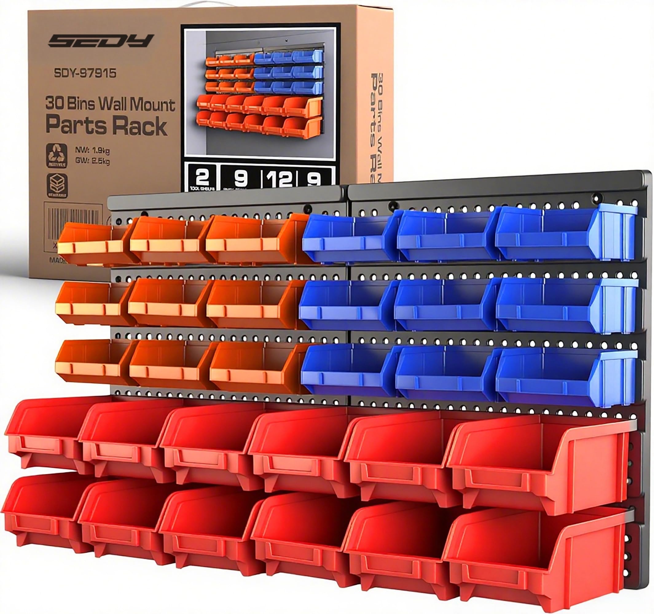 SEDY 30-Bin Wall-Mounted Storage Rack System - Heavy-Duty Garage Tool Organizer for Screws, Nuts, Bolts, Nails, Beads, and Small Hardware Parts - Easy Installation and Customizable