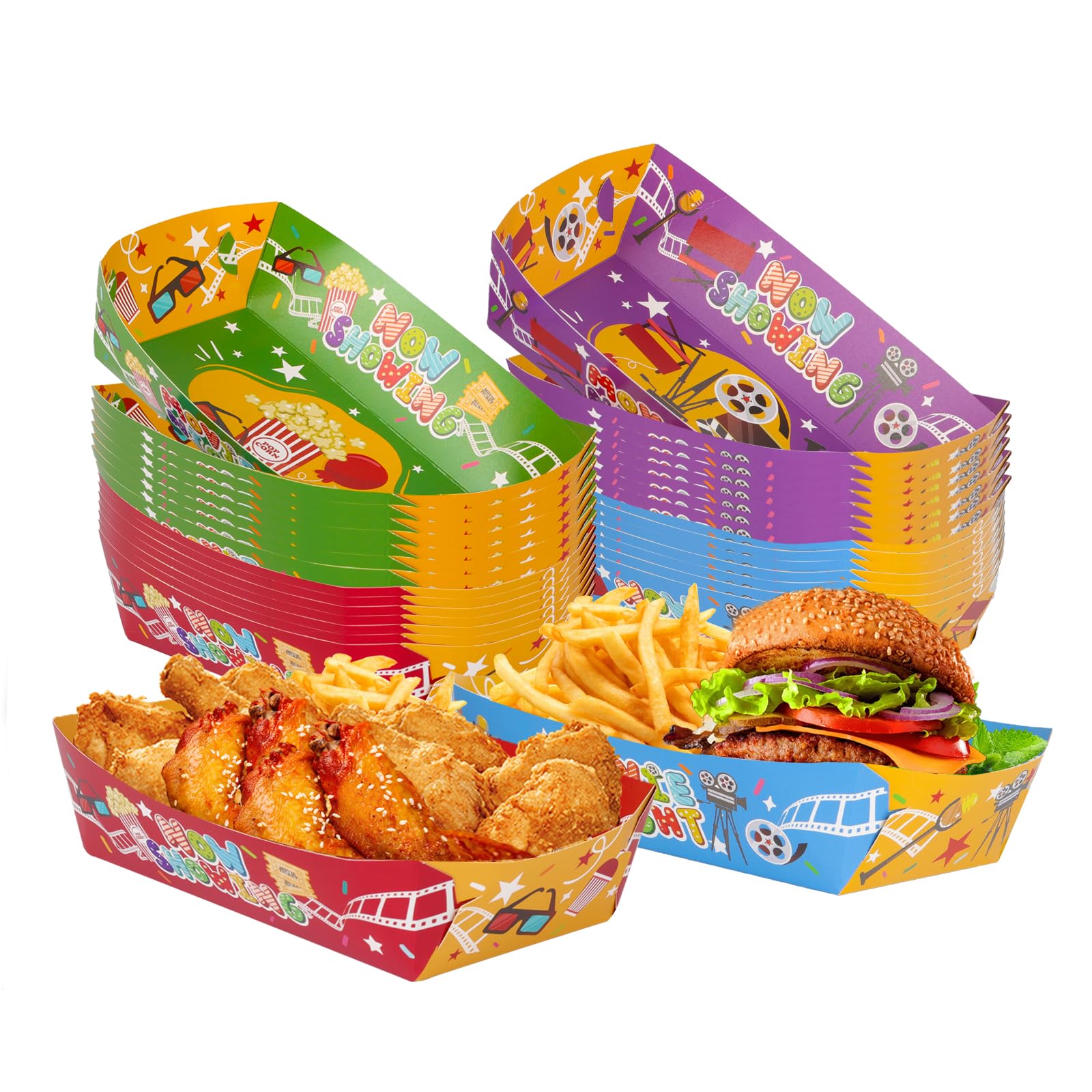 HAPYPATY 48 Pcs Movie Night Snack Trays, 3 lbs Paper Food Trays, Movie Night Supplies for Family Movie Party, Movie Container Holder for Birthday Party