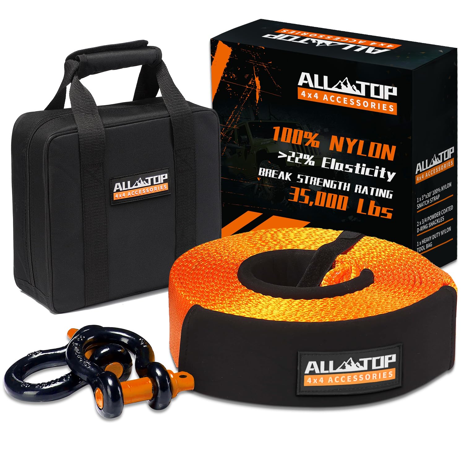 ALL-TOPHeavy Duty Tow Strap Recovery Strap Kit : 3 inch x 30 ft (35,000 lbs) 100% Nylon and 22% Elongation Strap + 3/4 D Ring Shackles (2pcs) + Storage Bag