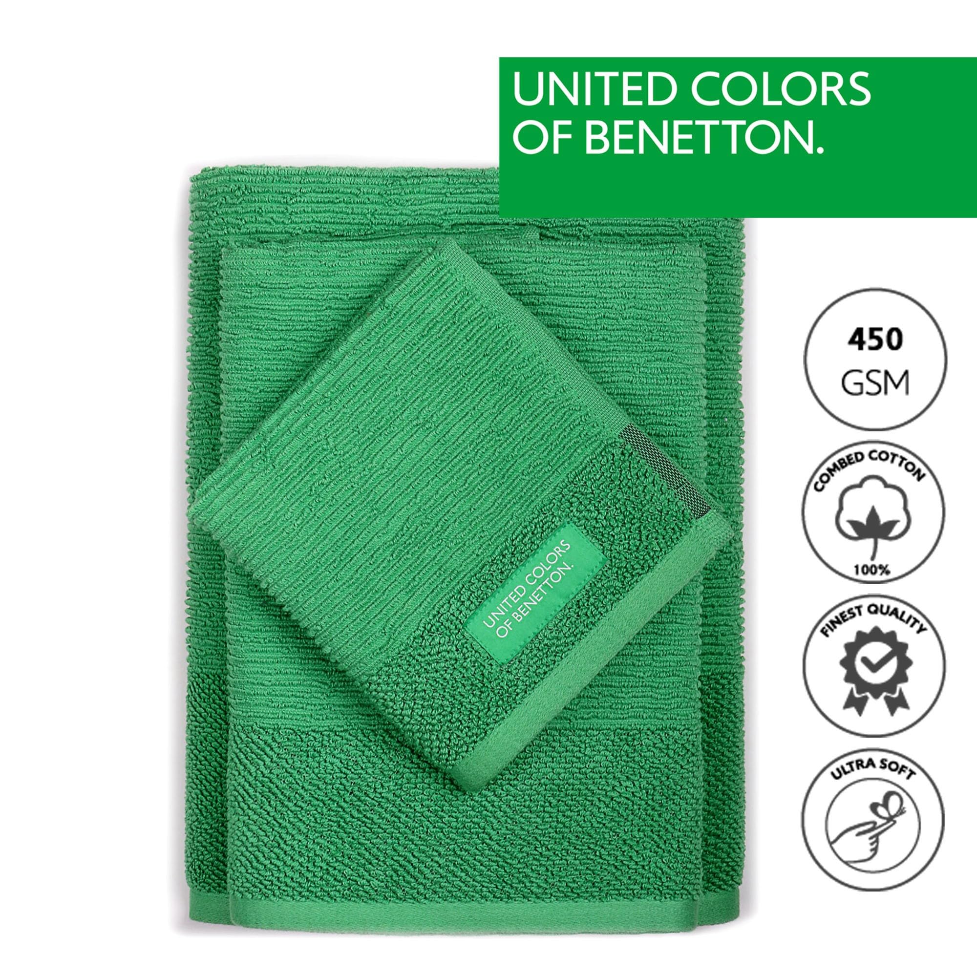 Set de 4 Juegos de 3 Toallas (4X 30x50cm + 4X 50x90cm + 4X 70x140cm) 450GSM de 100% Algodón - Beige, Amarillo, Azul y Verde Benetton