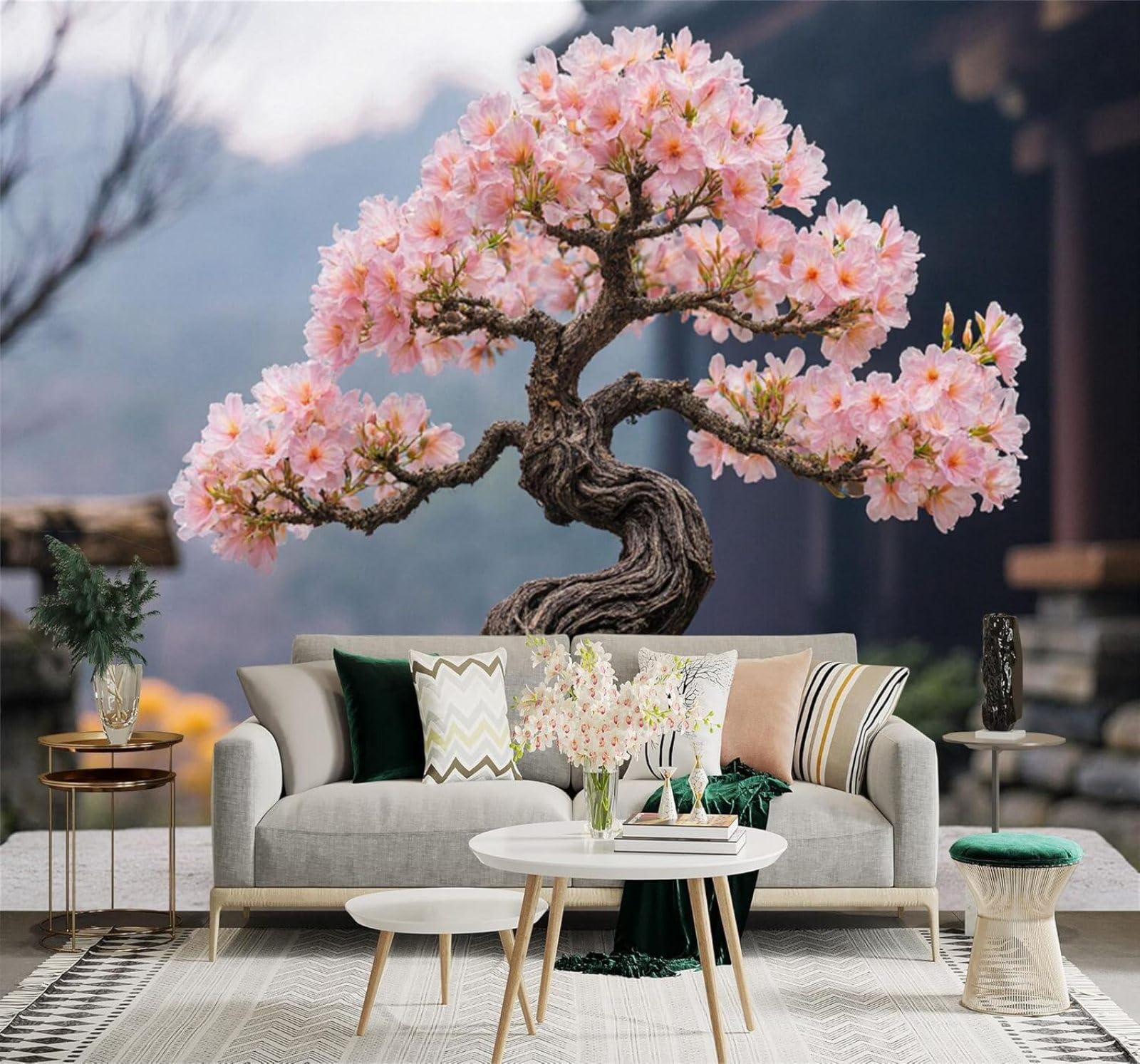 XLMING Three Dimensional Beautiful Cherry Blossom Bonsai Pink Flowers Zen Garden Style 3D Wallpaper Silky Texture Home Study Office Grey Dining Room Sofa Bedroom Living Room TV Backdrop-250cm×170cm