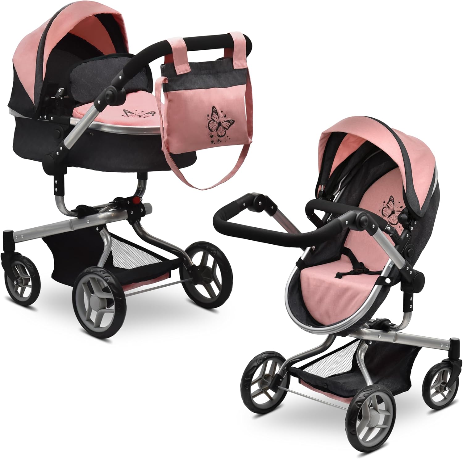 Convertible Baby Doll Stroller Realistic Pram 2-in1 Carriage with Bag Foldable Toy Canopy Basket Adjustable Handle Rotating Wheels Pretend Play Girl Kid Toddler