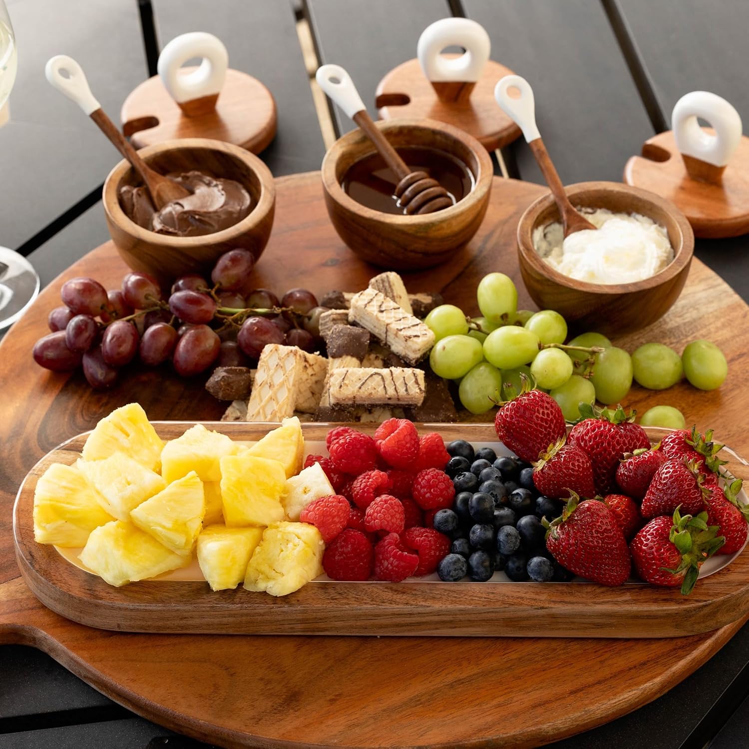 Charcuterie Bowls, 7pc Set - 3 Small Acacia Wooden Bowls with Lids, 1 Tray, and 3 Charcuterie Boards Accessories: Spoon, Spreader, Honey Dipper, Serving Dishes for Dips, Candy, Dessert