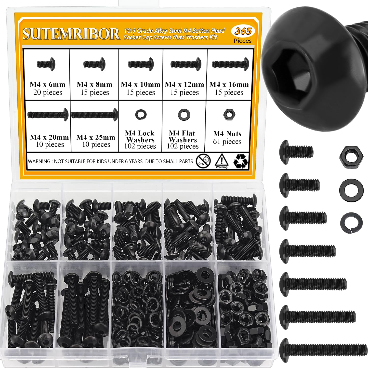 365 Pieces M4 Screws Nuts Washers Set Black, Sutemribor M4 x 6/8/10/12/16/20/25mm Button Head Socket Cap Screws Nuts Washers Assortment Kit, 10.9