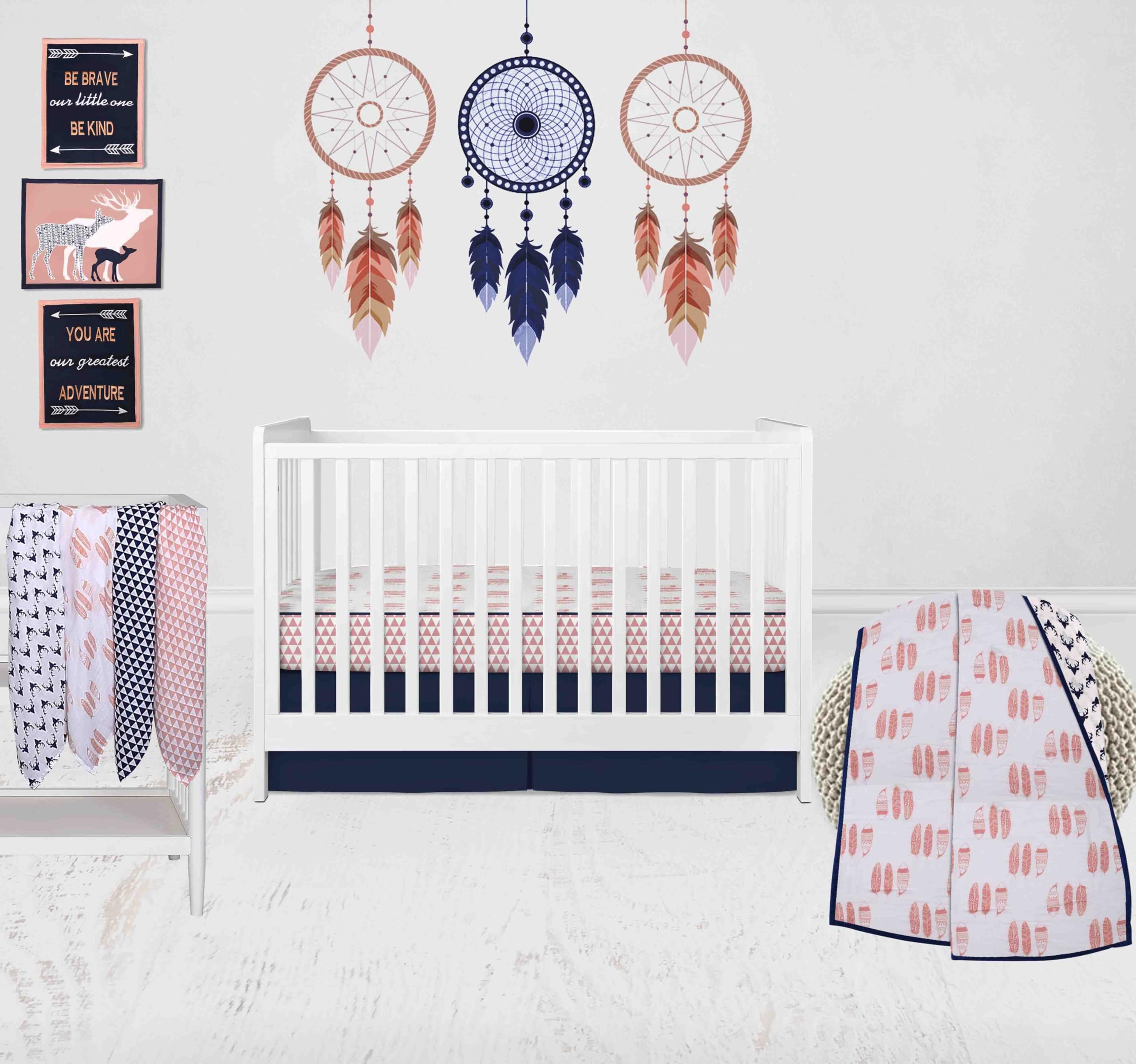 Bacati - 100 Percent Breathable Cotton Muslin/Percale 10 Piece Nursery Baby Crib Bedding Set for Boys/Girls Including 4 Swaddling Blankets US Standard Crib (Tribal Coral/Navy)