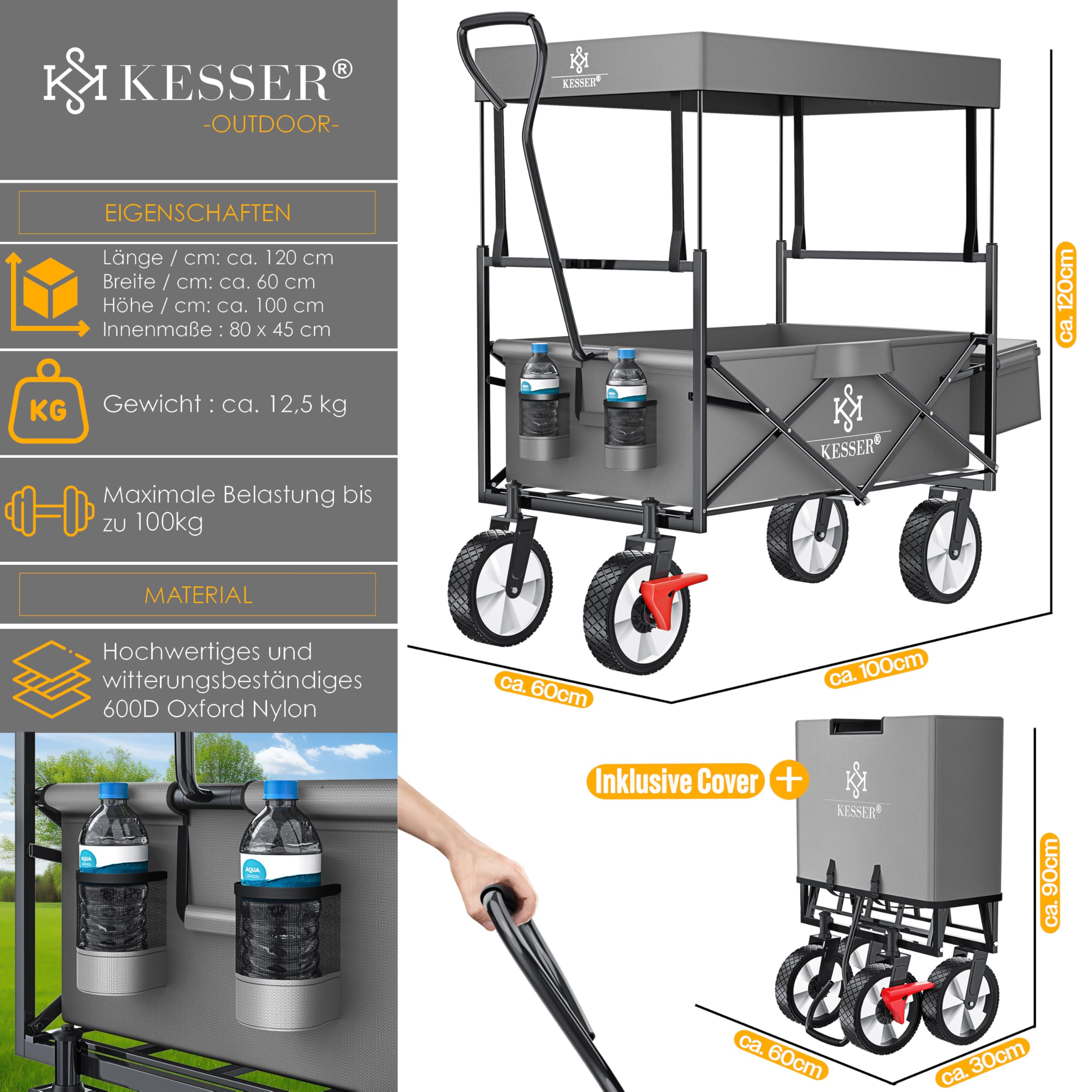 KESSER® Carro Plegable con Techo | Carrito de Jardín con 2 Bolsillos de Red y uno Exterior con Freno en la Rueda Delantera | Ruedas de Goma | hasta 100 kg de Capacidad | Gris