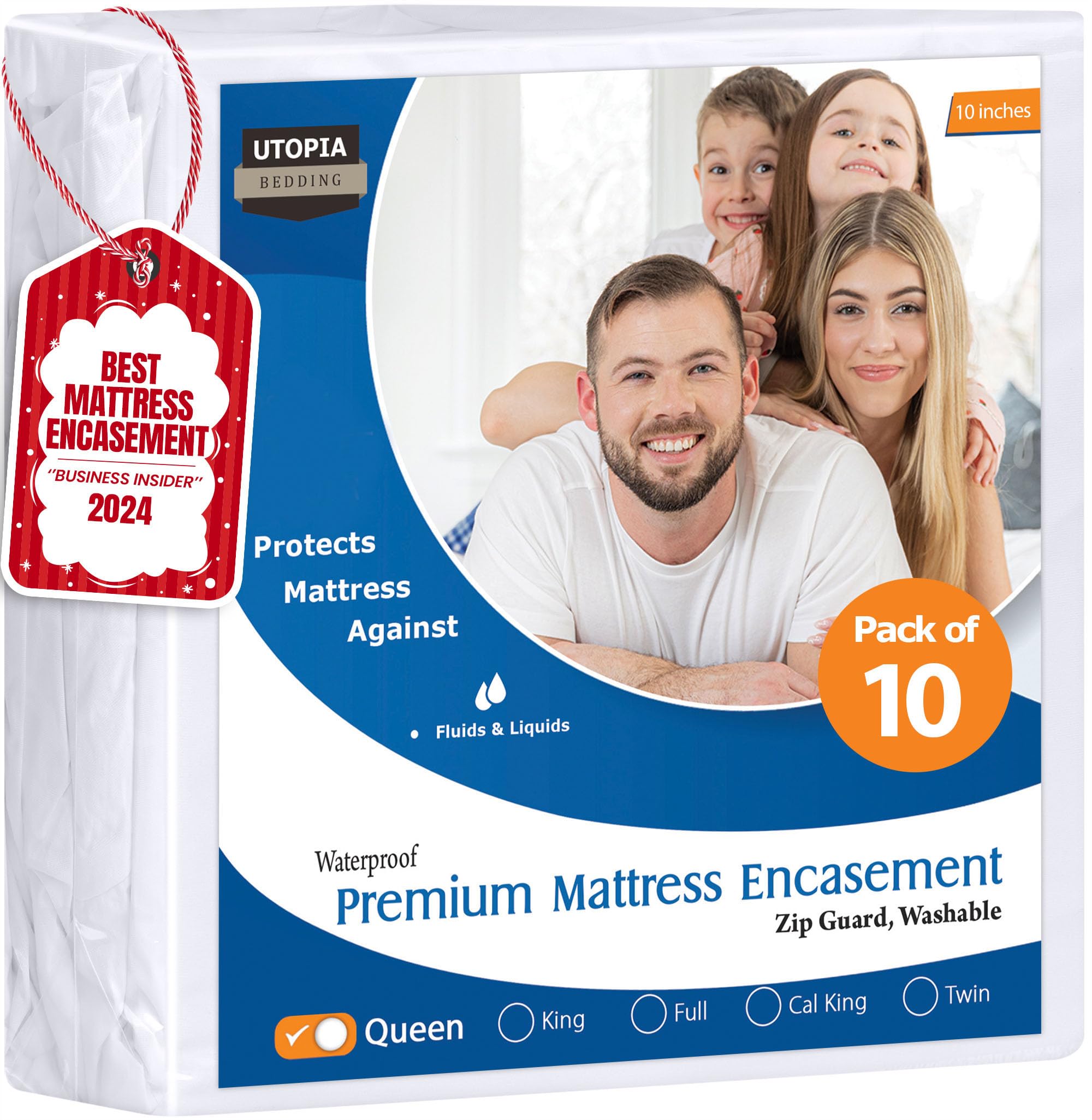 Utopia Bedding Premium Waterproof Bed Bug Mattress Cover, Queen Zippered Mattress Protector, 10 Inches Deep, Dust Mite Proof 6-Sided Mattress Encasement for Bed (Pack of 10)