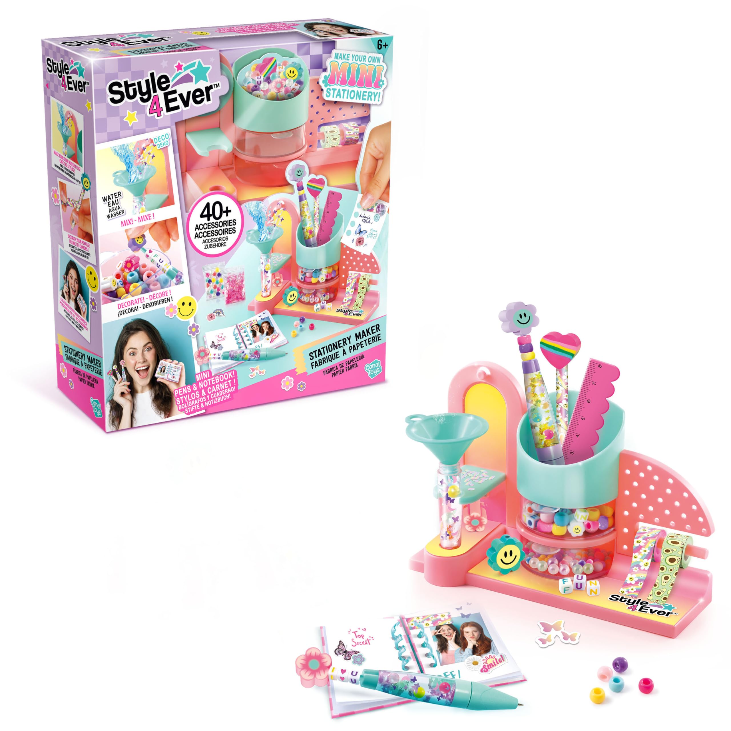 Style 4 Ever Canal Toys Mini Stationery Factory Set | Customise Pens, Pencils & Notebook with 40+ Accessories | Compact Machine with Built-in Storage – Creative Stationery for Kids 6+ – OFG 323