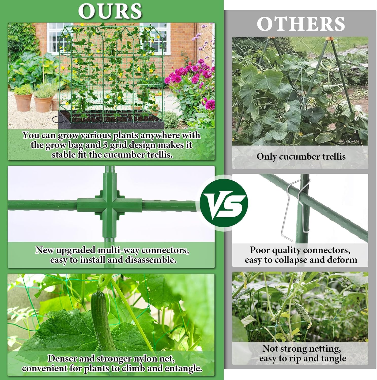 50x65x18 Inch Cucumber Trellis for Raised Bed - with 46 Gallon Grow Bags, Garden Trellis for Climbing Plants Outdoor with Climbing Net and Plant Support for Cucumber, Tomato, Vegetable, Grape, Vine